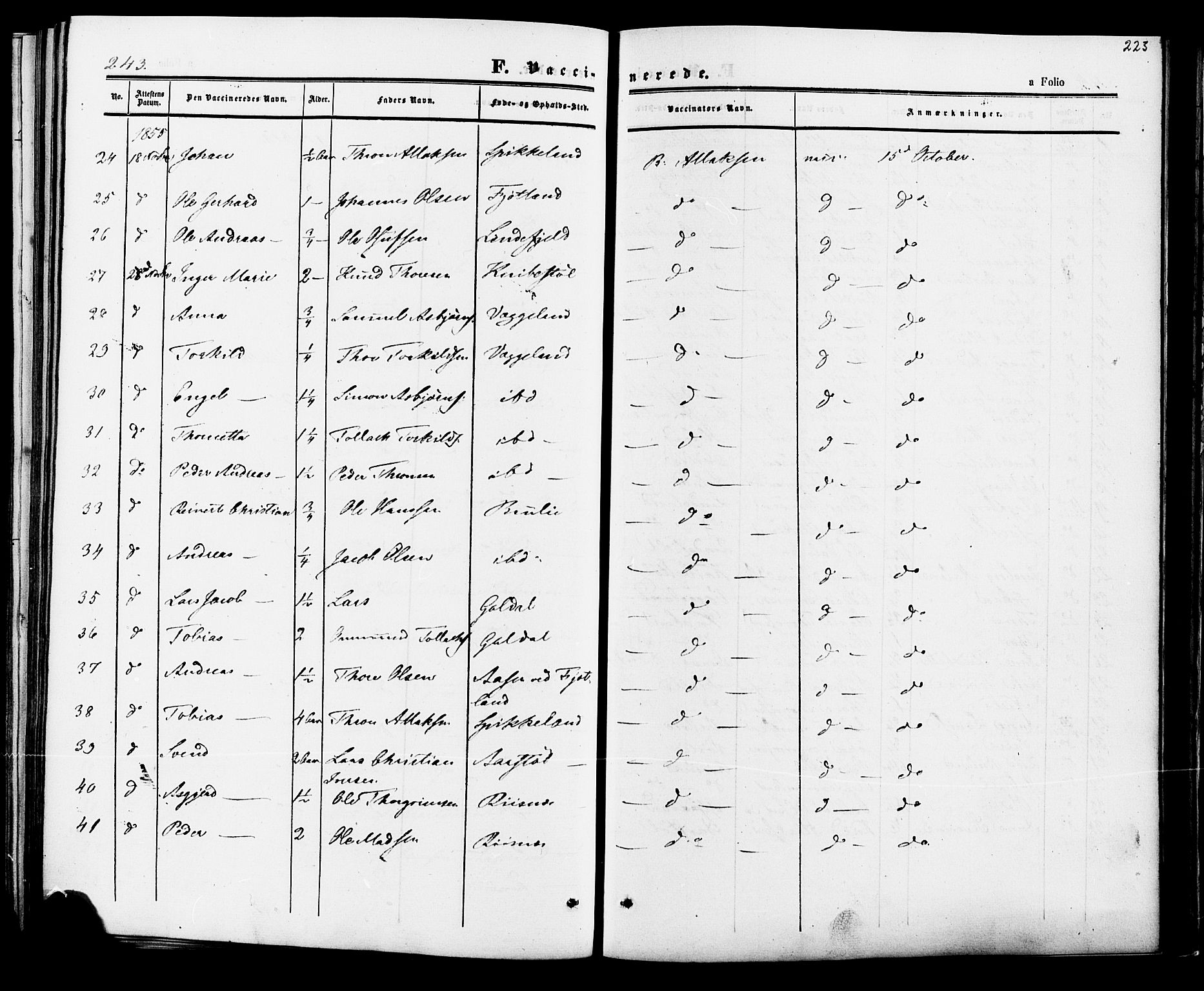 Fjotland sokneprestkontor, AV/SAK-1111-0010/F/Fa/L0001: Parish register (official) no. A 1, 1850-1879, p. 223