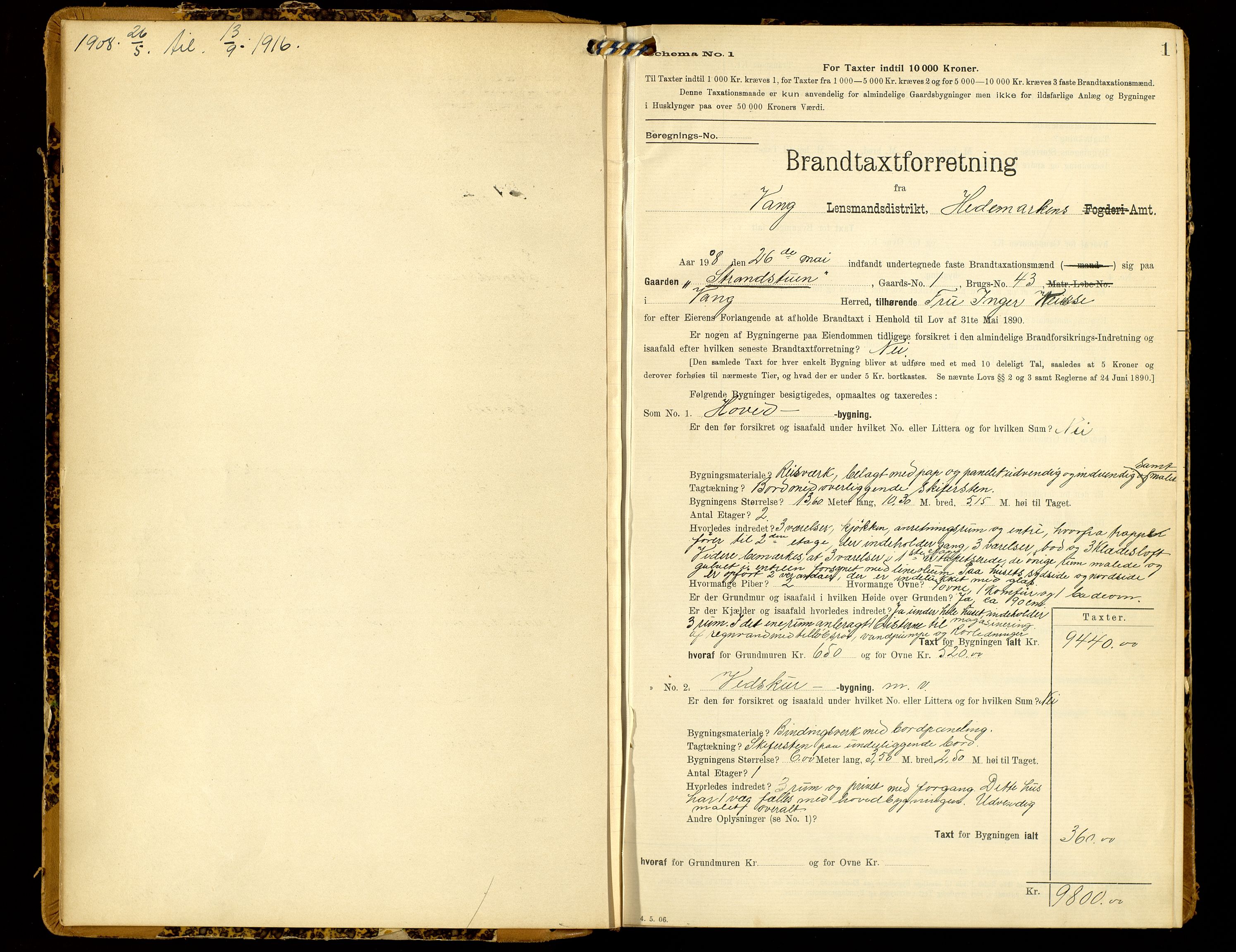 Norges Brannkasse, Vang, Hedmark, SAH/NBRANV-005/F/L0008: Branntakstprotokoll, 1908-1916, p. 1