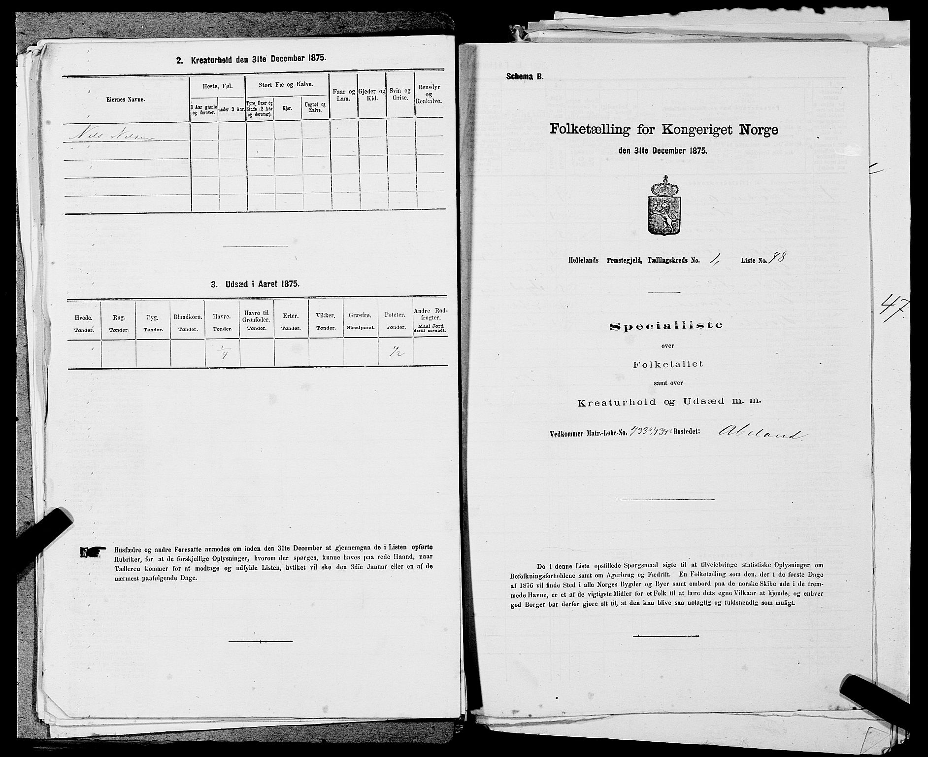 SAST, 1875 census for 1115P Helleland, 1875, p. 668