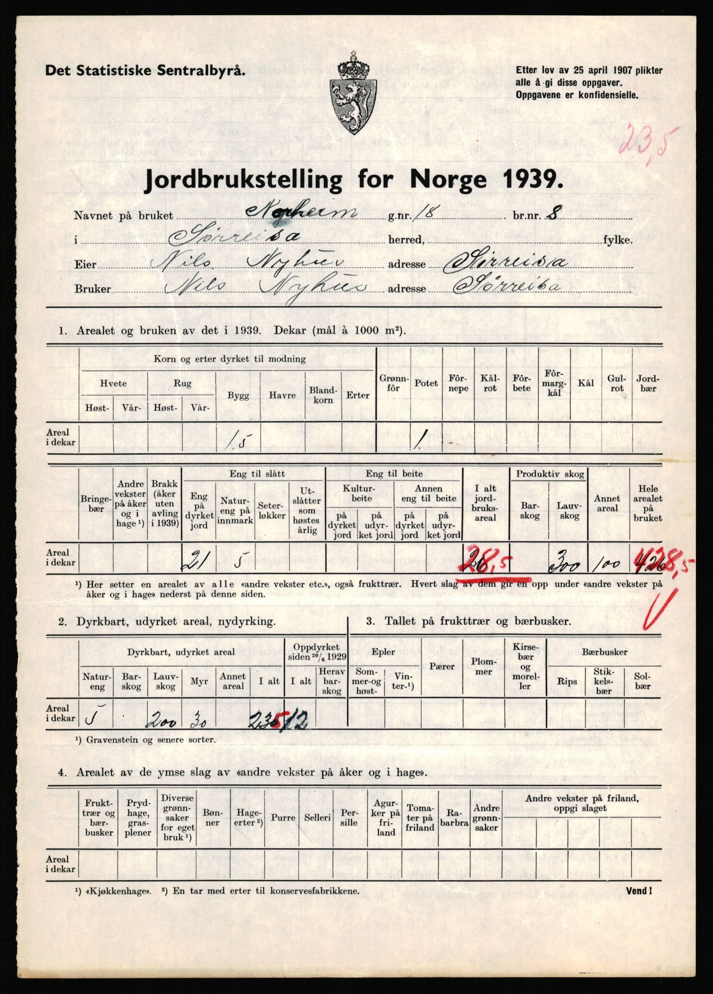 Statistisk sentralbyrå, Næringsøkonomiske emner, Jordbruk, skogbruk, jakt, fiske og fangst, AV/RA-S-2234/G/Gb/L0341: Troms: Sørreisa og Tranøy, 1939, p. 238