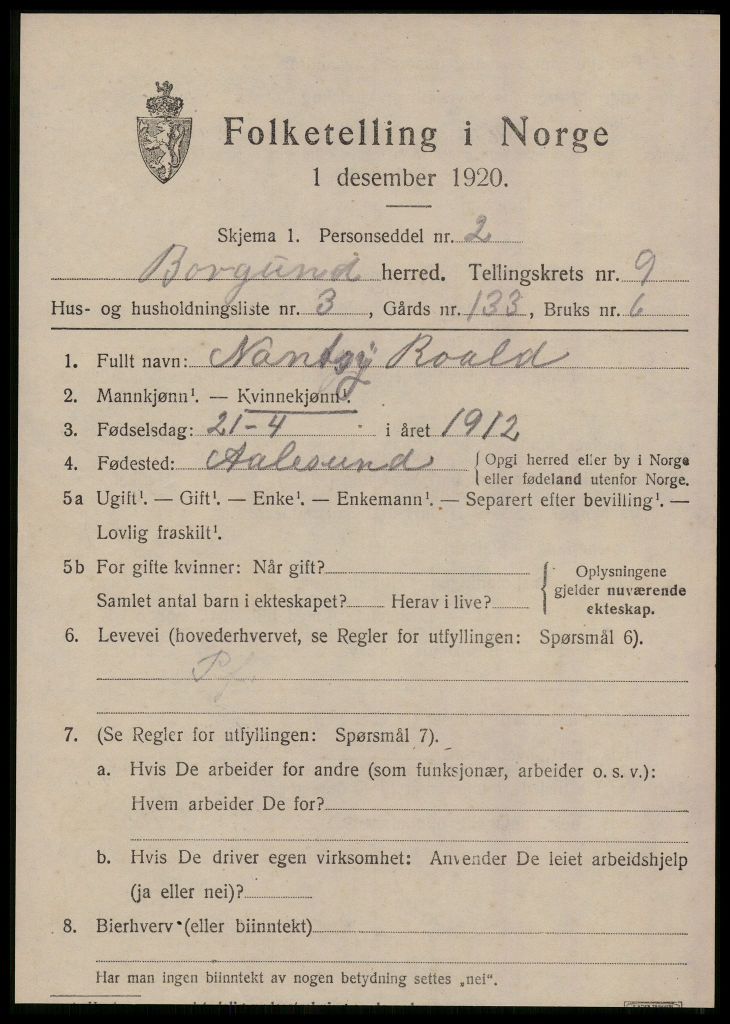 SAT, 1920 census for Borgund, 1920, p. 8002
