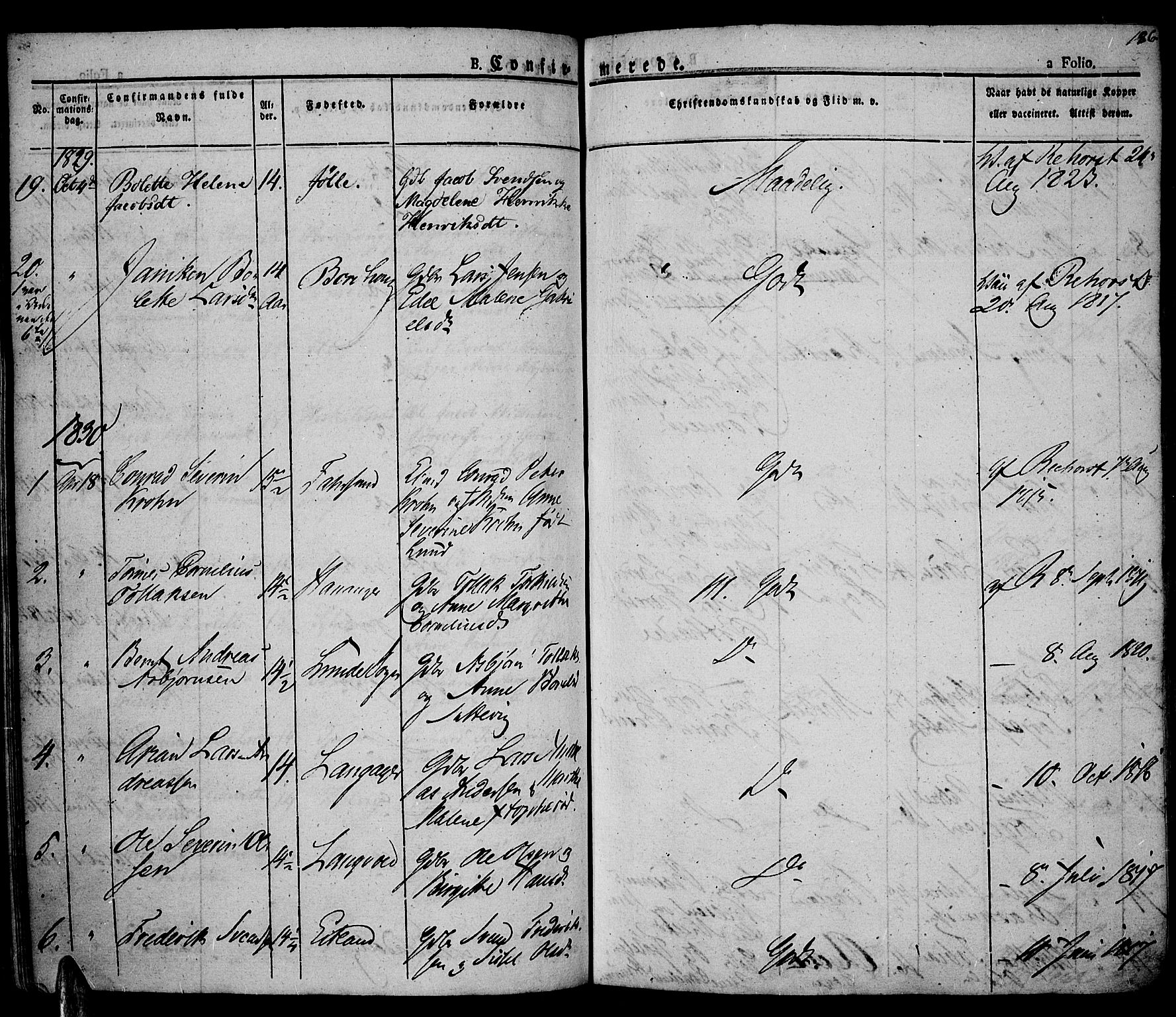 Lista sokneprestkontor, SAK/1111-0027/F/Fa/L0008: Parish register (official) no. A 8, 1823-1835, p. 186