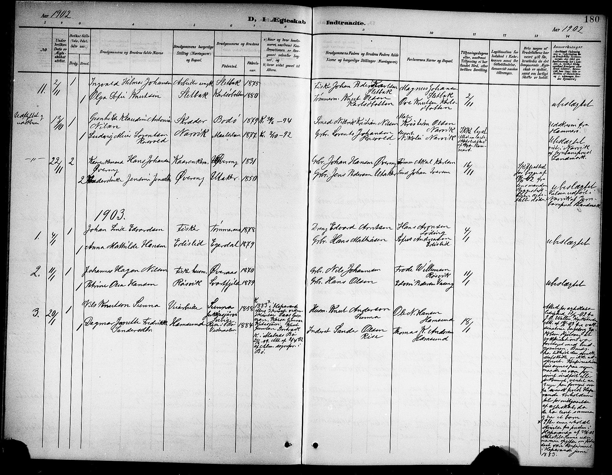 Ministerialprotokoller, klokkerbøker og fødselsregistre - Nordland, SAT/A-1459/859/L0860: Parish register (copy) no. 859C06, 1899-1909, p. 180