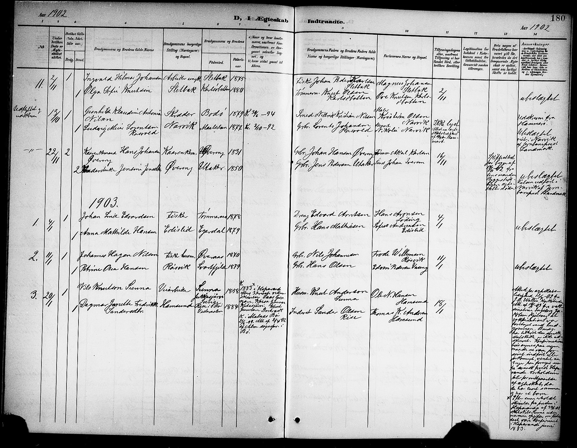 Ministerialprotokoller, klokkerbøker og fødselsregistre - Nordland, AV/SAT-A-1459/859/L0860: Parish register (copy) no. 859C06, 1899-1909, p. 180