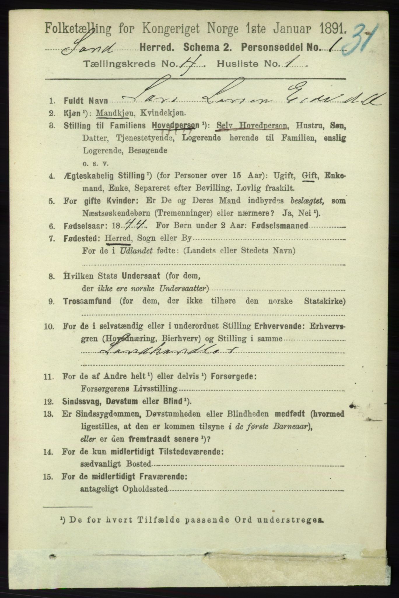 RA, 1891 census for 1136 Sand, 1891, p. 1206