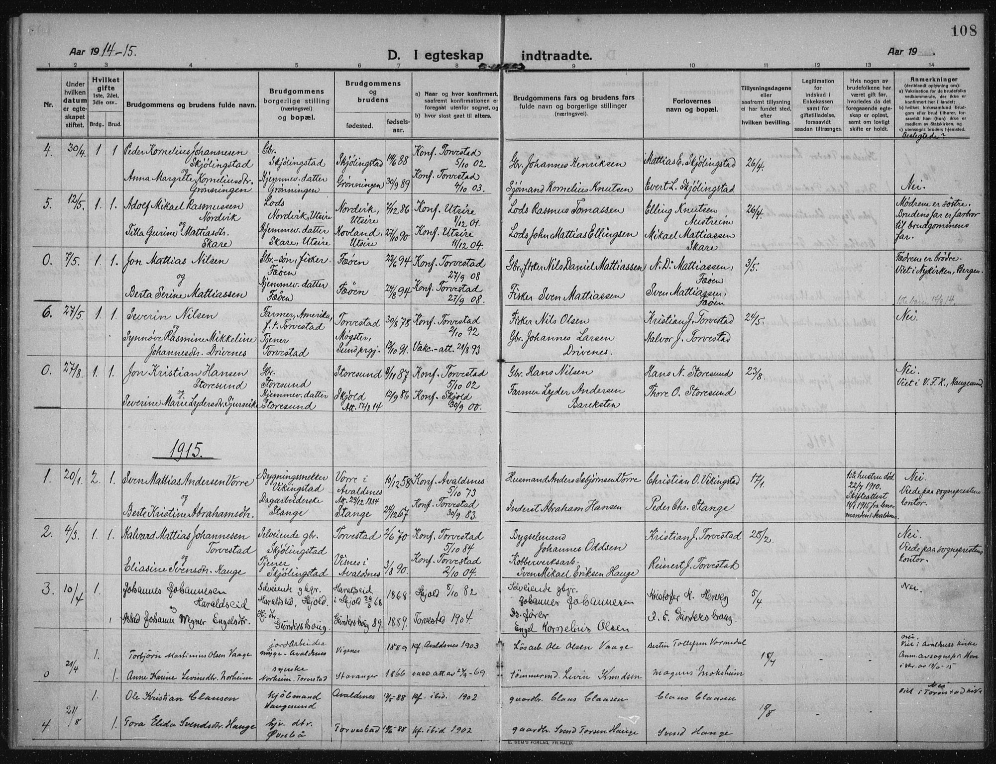 Torvastad sokneprestkontor, SAST/A -101857/H/Ha/Haa/L0019: Parish register (official) no. A 18, 1912-1920, p. 108