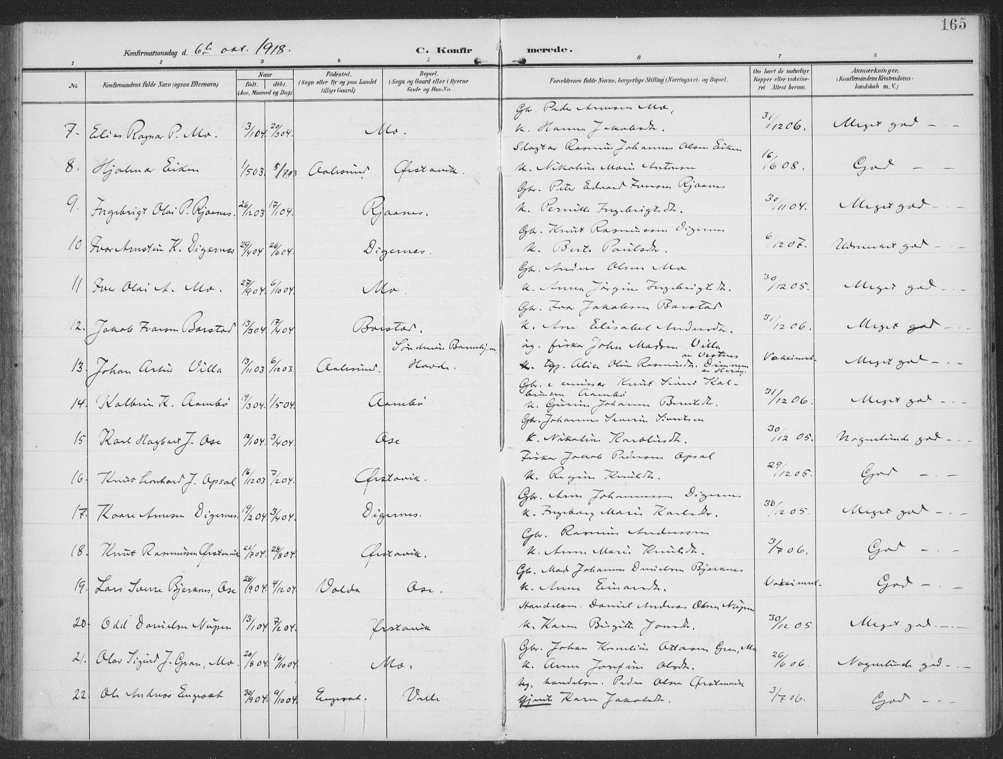 Ministerialprotokoller, klokkerbøker og fødselsregistre - Møre og Romsdal, AV/SAT-A-1454/513/L0178: Parish register (official) no. 513A05, 1906-1919, p. 165