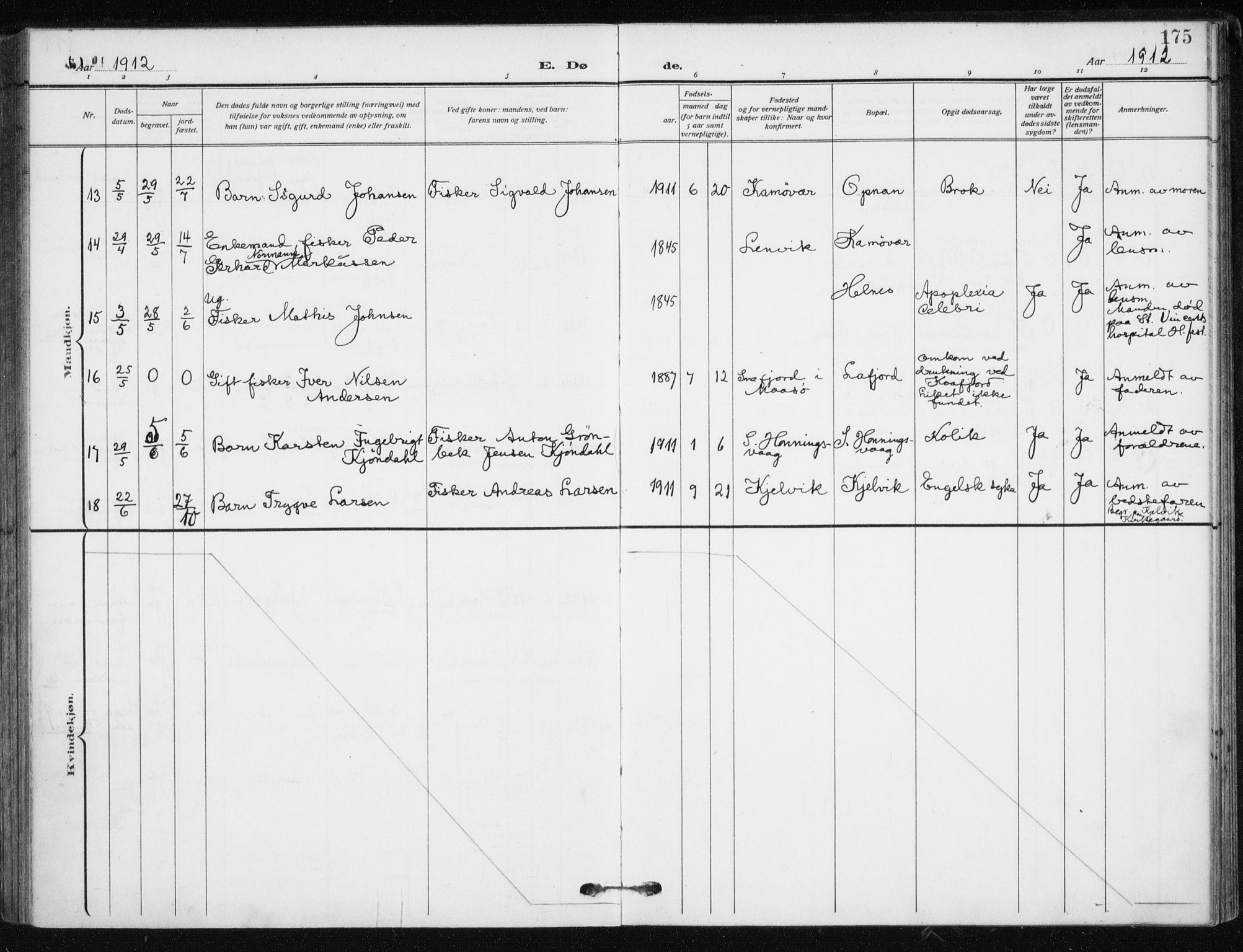 Kjelvik/Nordkapp sokneprestkontor, SATØ/S-1350/H/Ha/L0001kirke: Parish register (official) no. 1, 1911-1919, p. 175