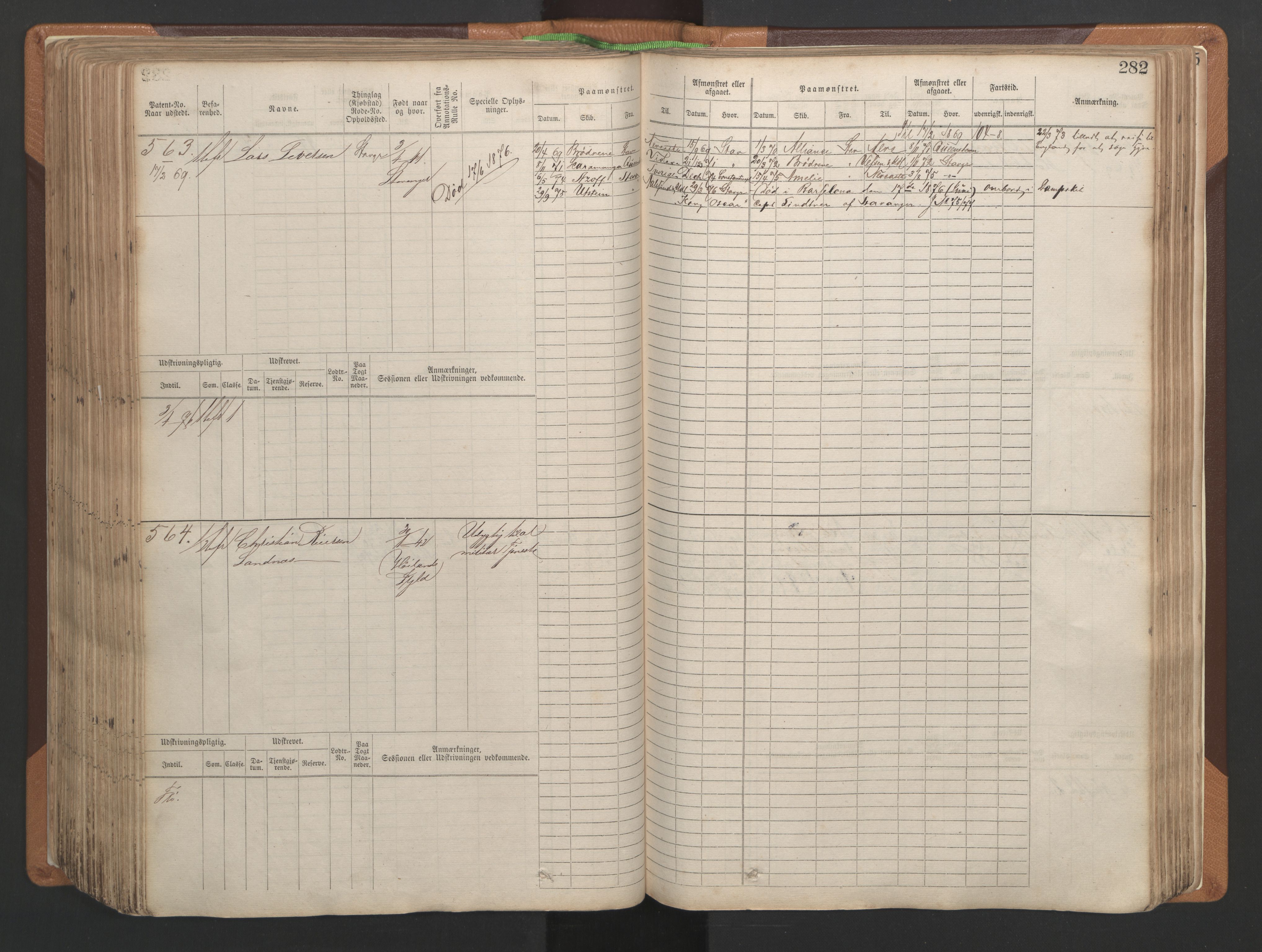 Stavanger sjømannskontor, AV/SAST-A-102006/F/Fb/Fbb/L0004: Sjøfartshovedrulle, patentnr. 1-792 (del 1), 1869-1880, p. 288