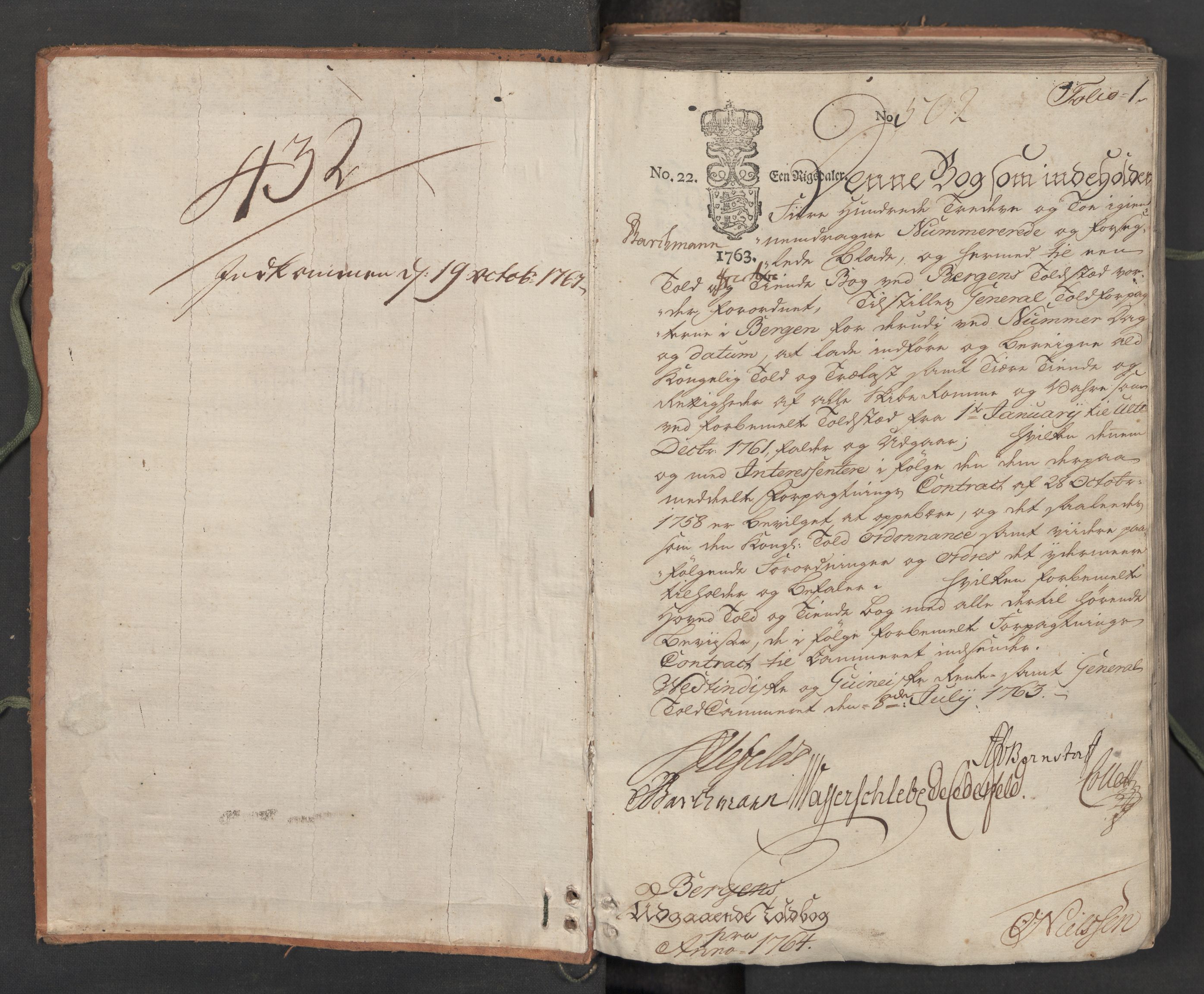 Generaltollkammeret, tollregnskaper, AV/RA-EA-5490/R26/L0112/0001: Tollregnskaper Bergen A / Utgående hovedtollbok, 1764