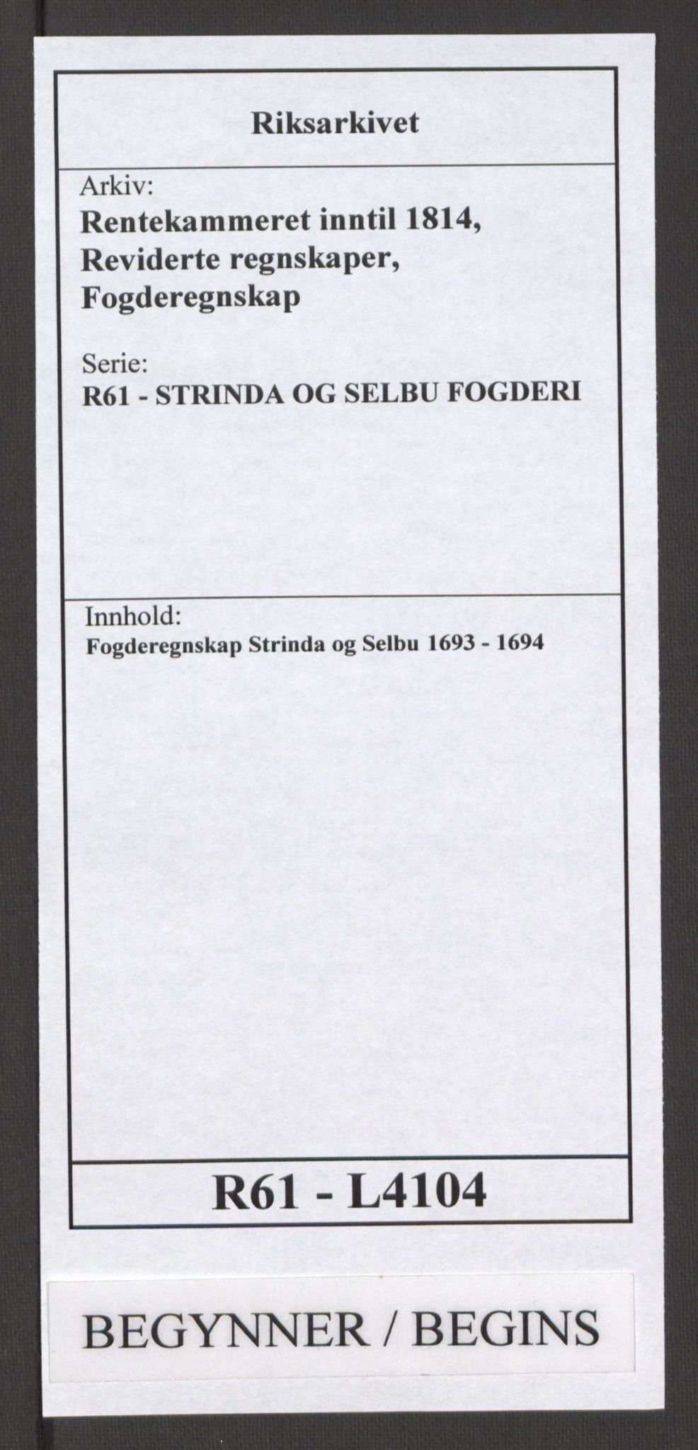 Rentekammeret inntil 1814, Reviderte regnskaper, Fogderegnskap, RA/EA-4092/R61/L4104: Fogderegnskap Strinda og Selbu, 1693-1694, p. 1