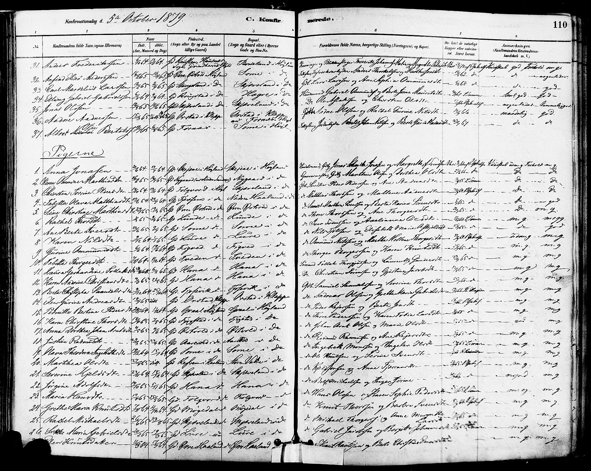 Høyland sokneprestkontor, SAST/A-101799/001/30BA/L0011: Parish register (official) no. A 10, 1878-1888, p. 110