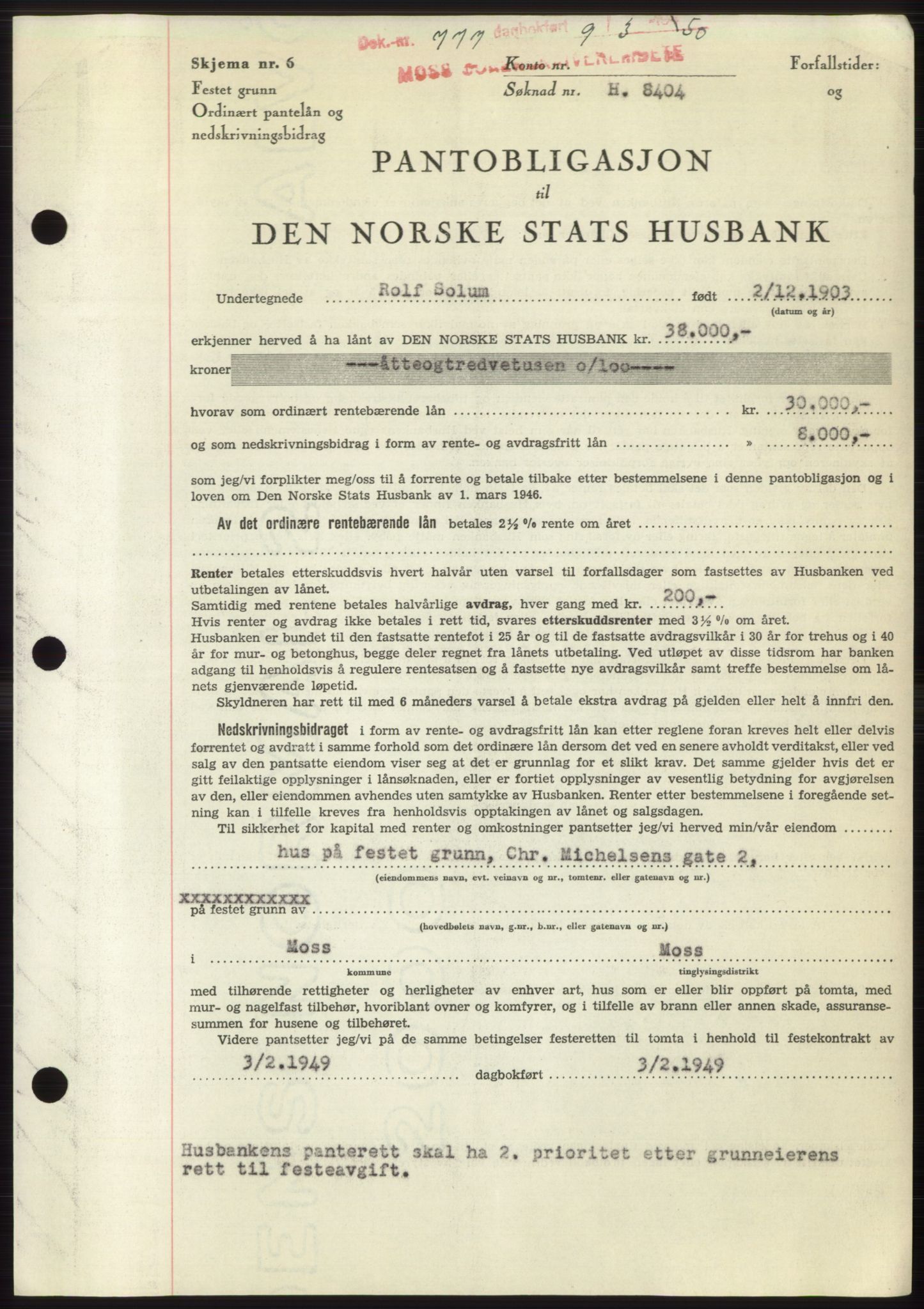 Moss sorenskriveri, SAO/A-10168: Mortgage book no. B23, 1949-1950, Diary no: : 777/1950