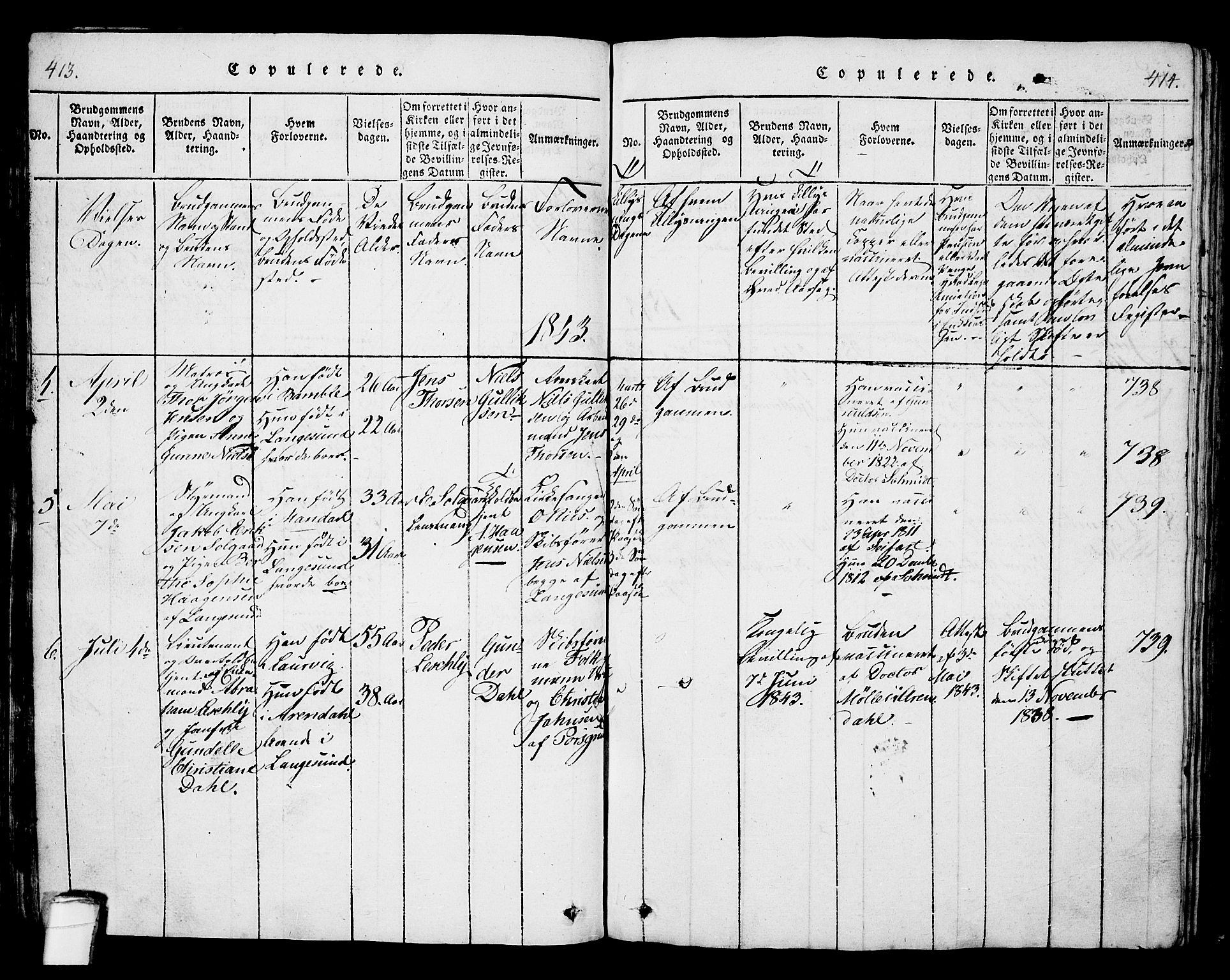 Langesund kirkebøker, SAKO/A-280/G/Ga/L0003: Parish register (copy) no. 3, 1815-1858, p. 413-414