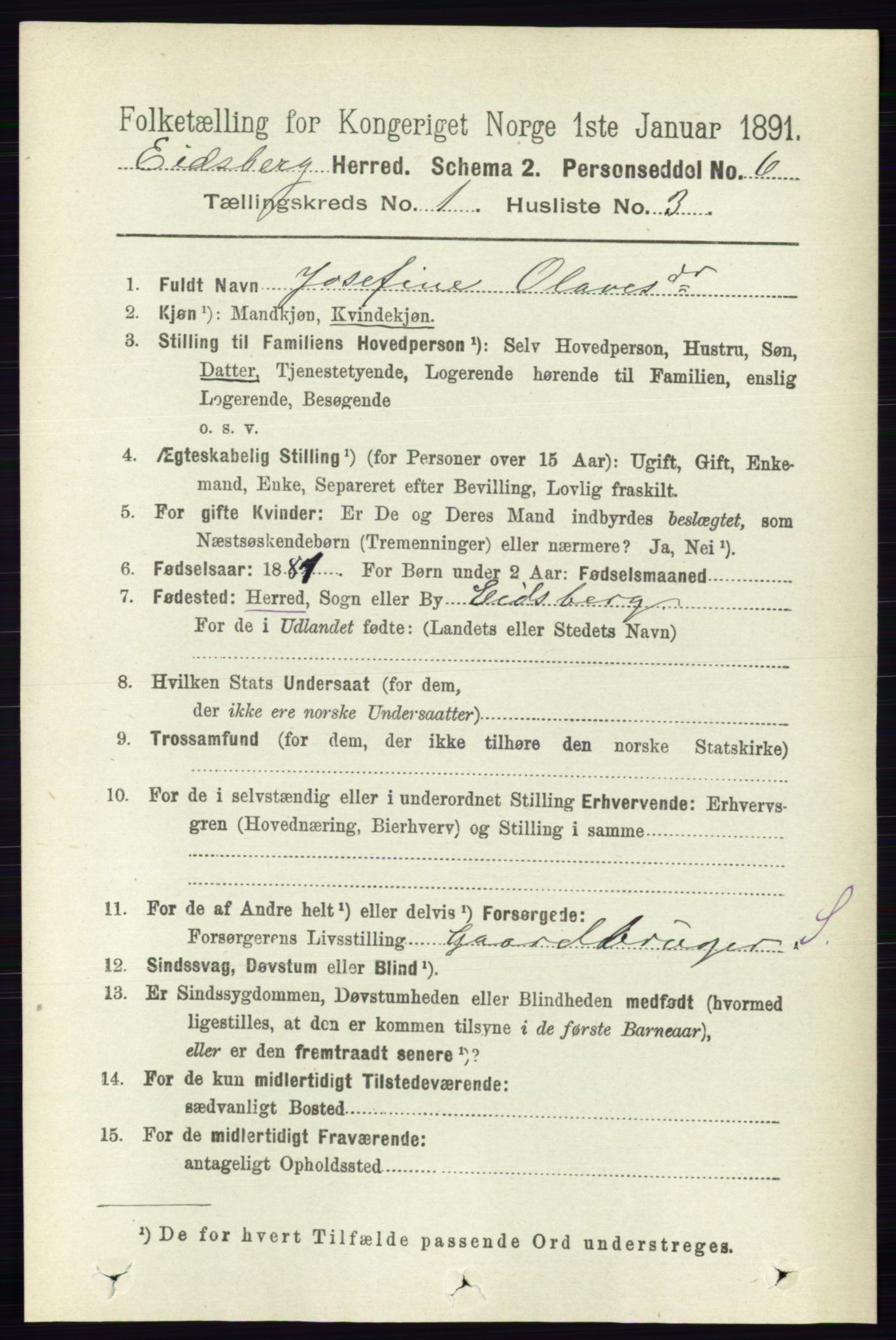 RA, 1891 census for 0125 Eidsberg, 1891, p. 157