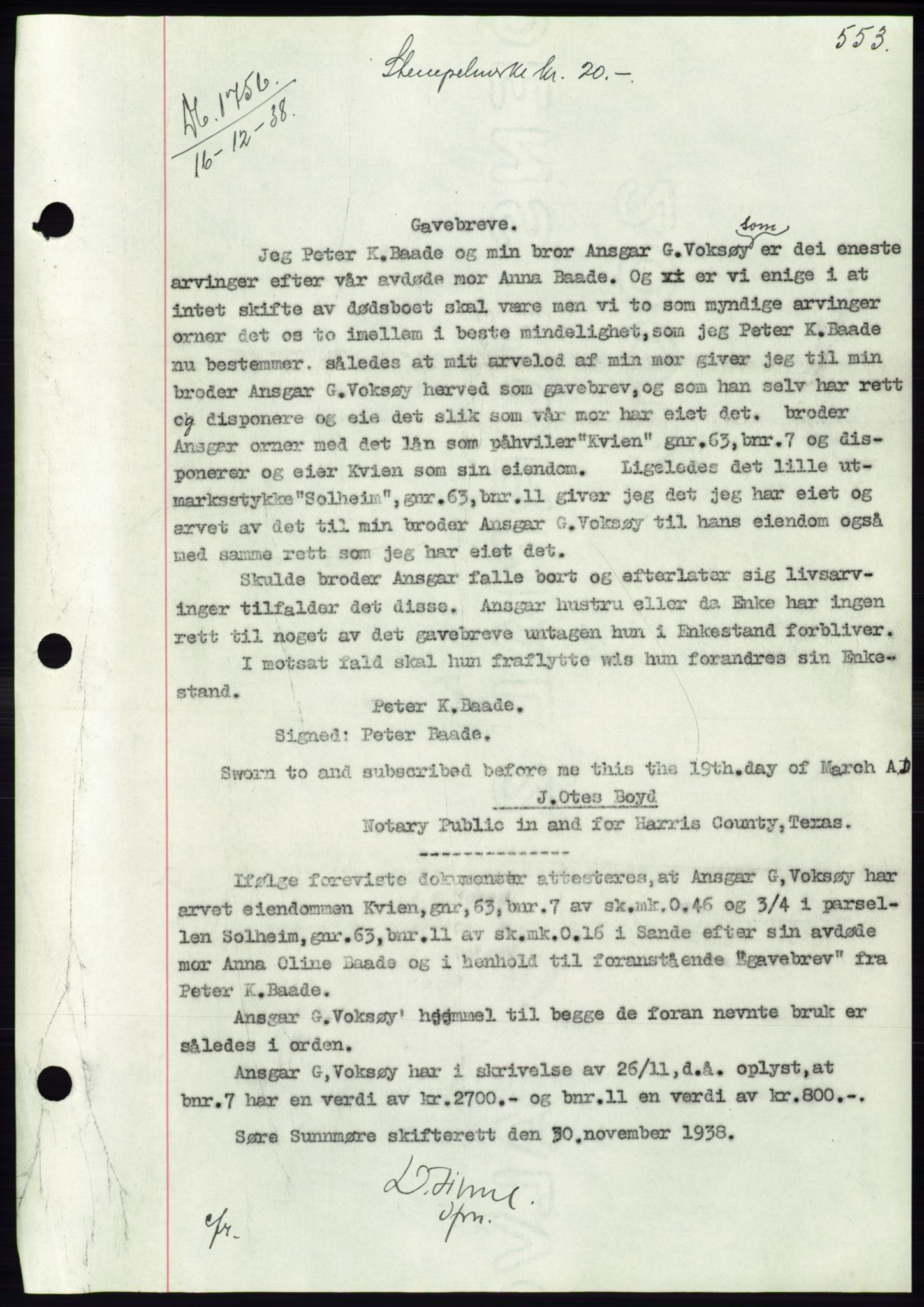 Søre Sunnmøre sorenskriveri, AV/SAT-A-4122/1/2/2C/L0066: Mortgage book no. 60, 1938-1938, Diary no: : 1756/1938