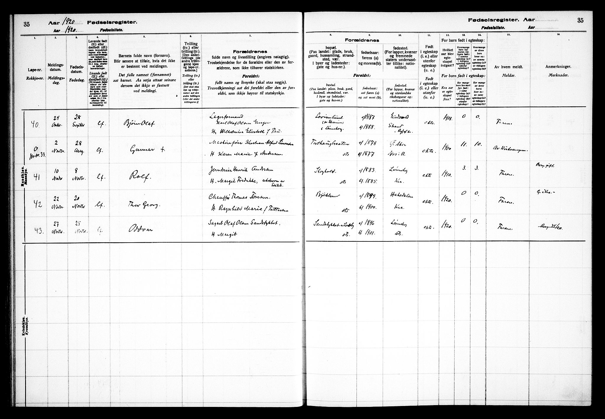 Skedsmo prestekontor Kirkebøker, AV/SAO-A-10033a/J/Jb/L0001: Birth register no. II 1, 1916-1932, p. 35