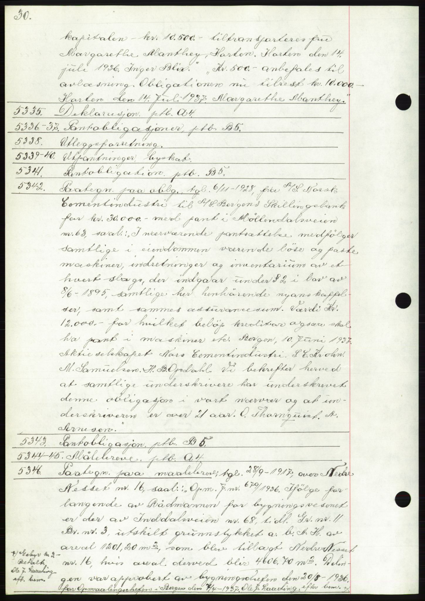 Byfogd og Byskriver i Bergen, AV/SAB-A-3401/03: Mortgage book no. C 5, 1937-1937, Diary no: : 5335/1937