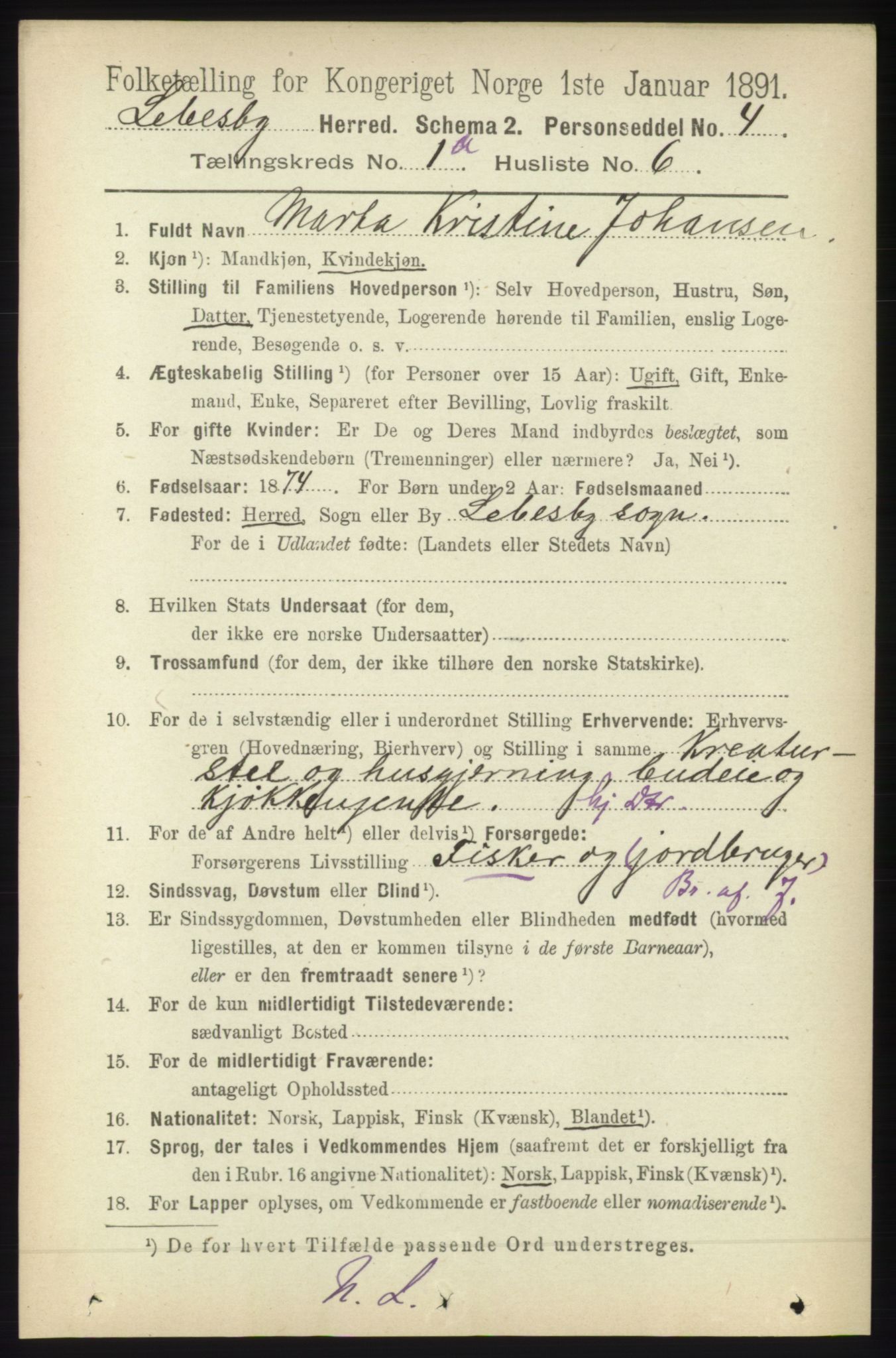 RA, 1891 census for 2022 Lebesby, 1891, p. 72