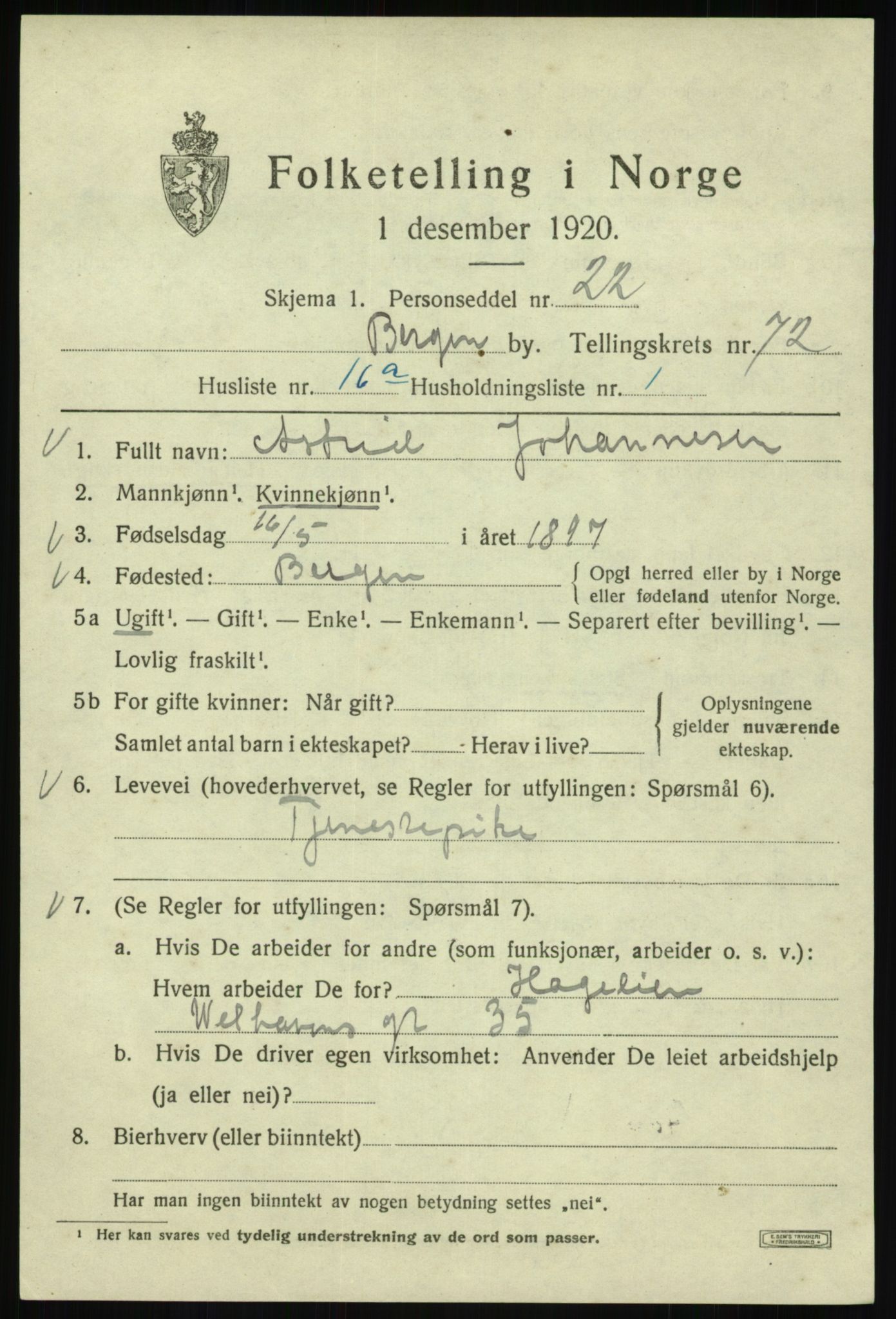 SAB, 1920 census for Bergen, 1920, p. 142378