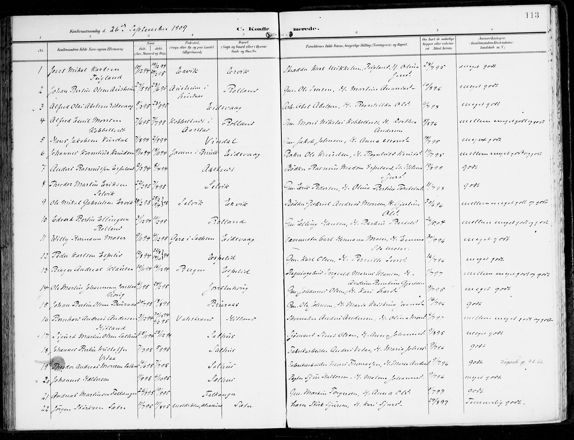 Hamre sokneprestembete, SAB/A-75501/H/Ha/Haa/Haad/L0002: Parish register (official) no. D 2, 1899-1916, p. 113