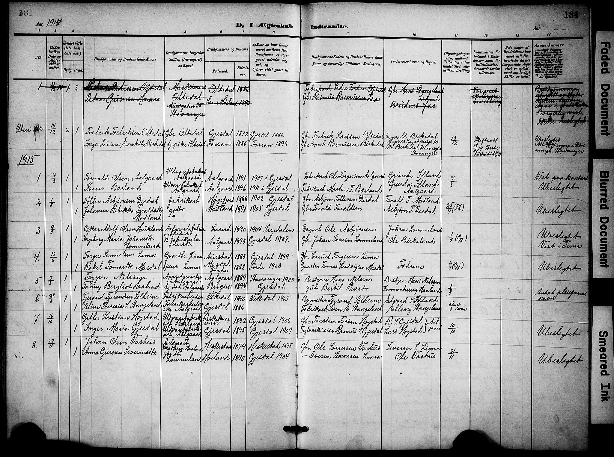 Lye sokneprestkontor, SAST/A-101794/001/30BB/L0009: Parish register (copy) no. B 9, 1902-1923, p. 184