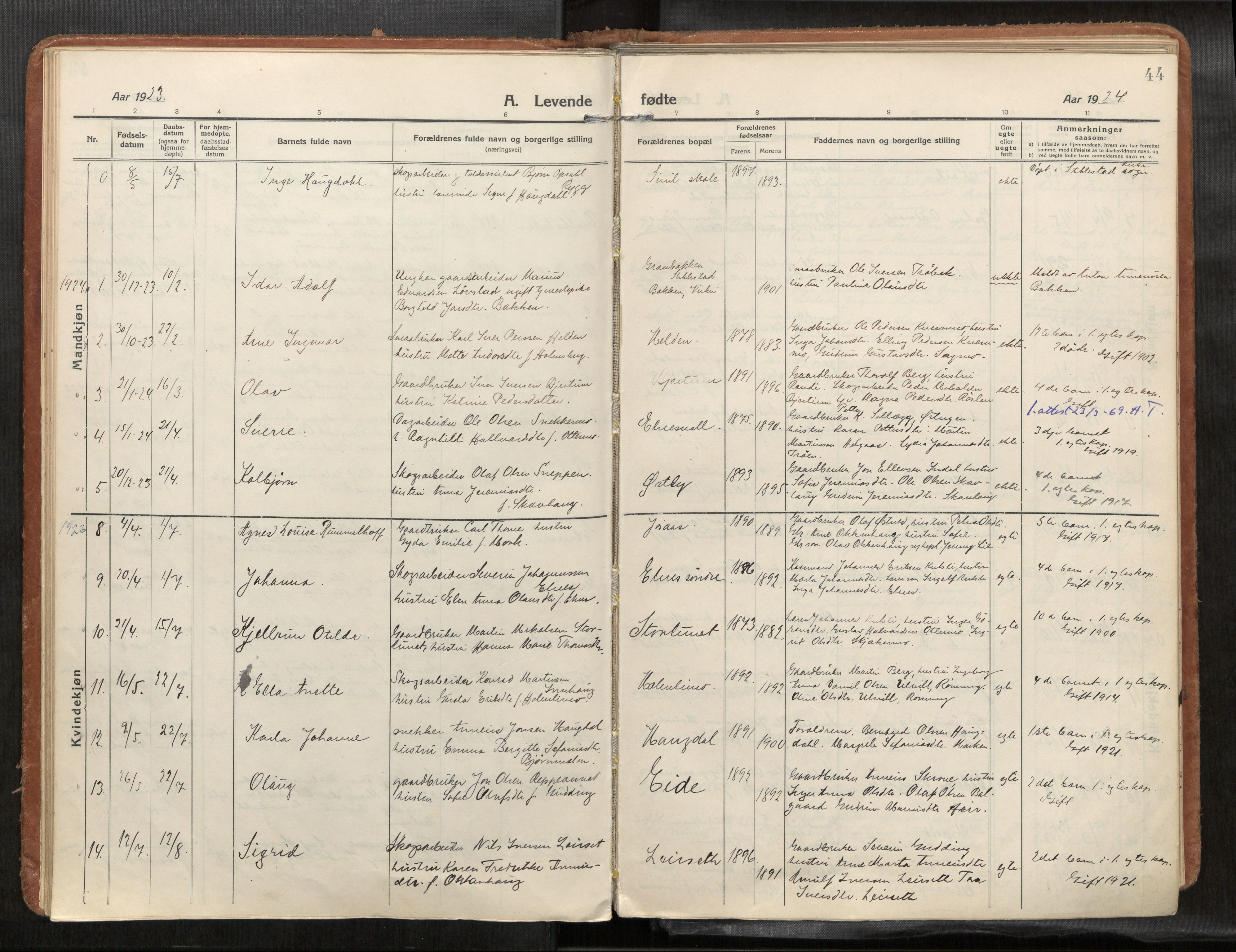 Verdal sokneprestkontor, SAT/A-1156/2/H/Haa/L0004: Parish register (official) no. 4, 1916-1928, p. 44