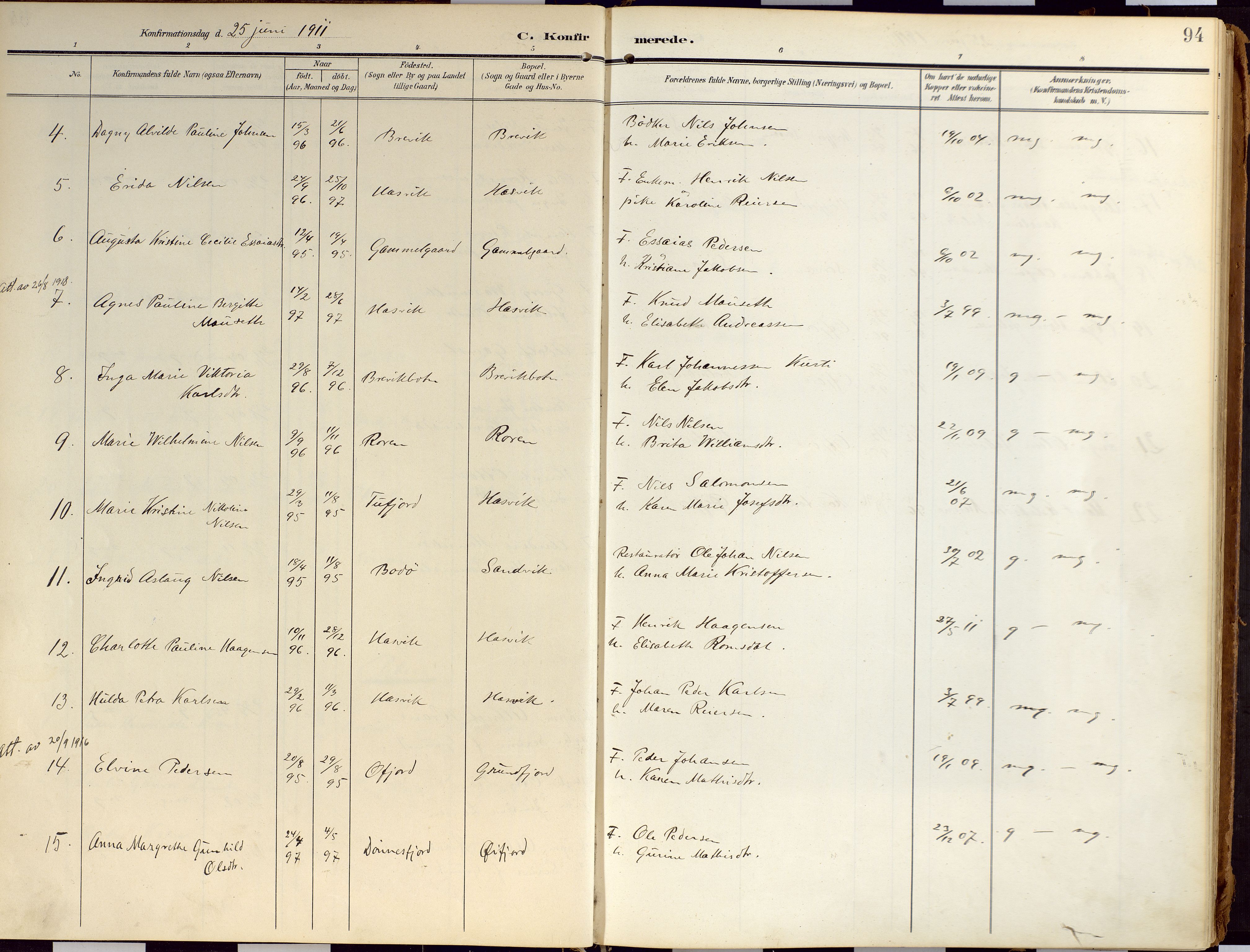 Loppa sokneprestkontor, AV/SATØ-S-1339/H/Ha/L0010kirke: Parish register (official) no. 10, 1907-1922, p. 94