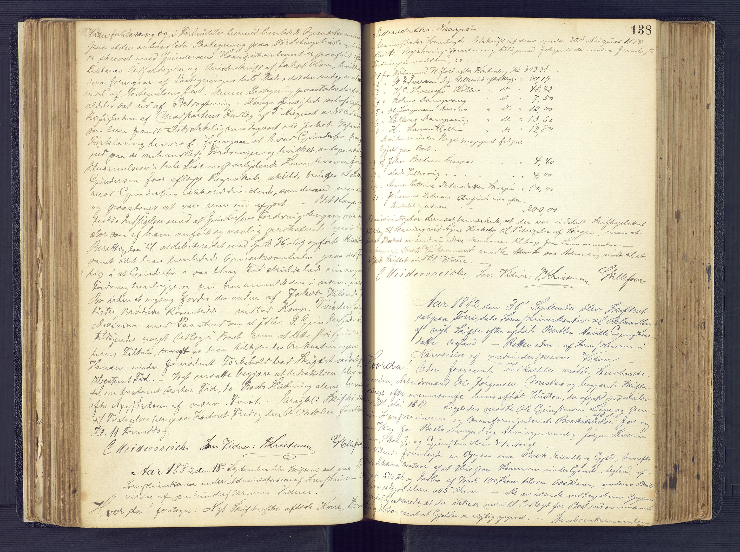 Torridal sorenskriveri, SAK/1221-0012/H/Hc/L0017: Skifteforhandlingsprotokoll med navneregister nr. 3, 1878-1890, p. 138