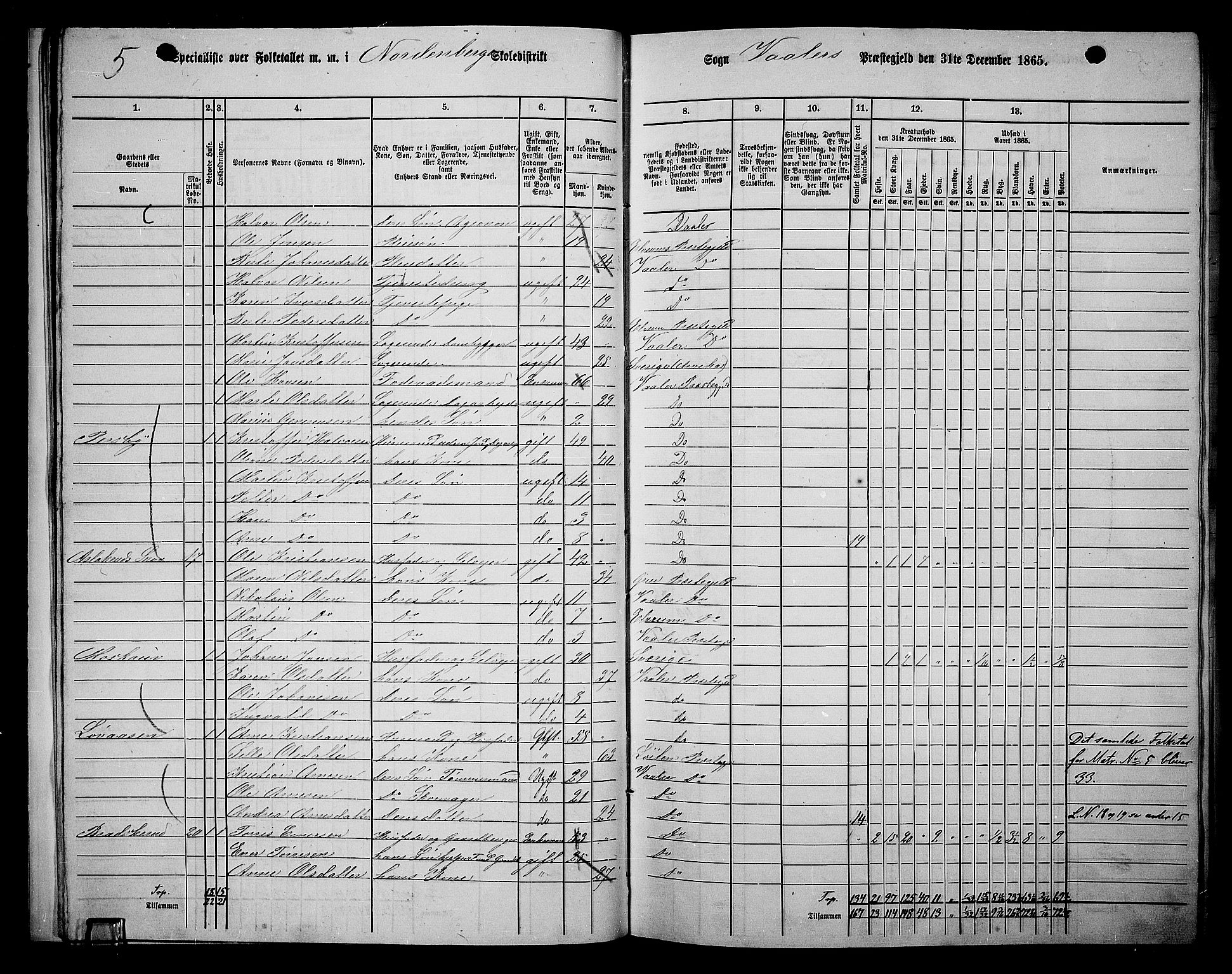 RA, 1865 census for Våler, 1865, p. 16