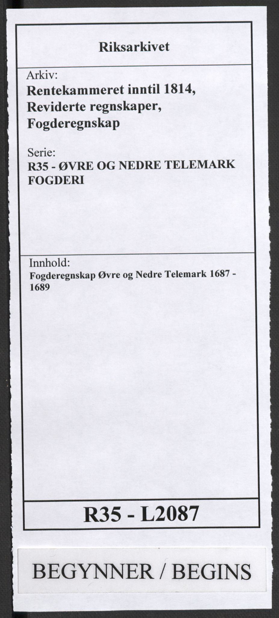 Rentekammeret inntil 1814, Reviderte regnskaper, Fogderegnskap, RA/EA-4092/R35/L2087: Fogderegnskap Øvre og Nedre Telemark, 1687-1689, p. 1