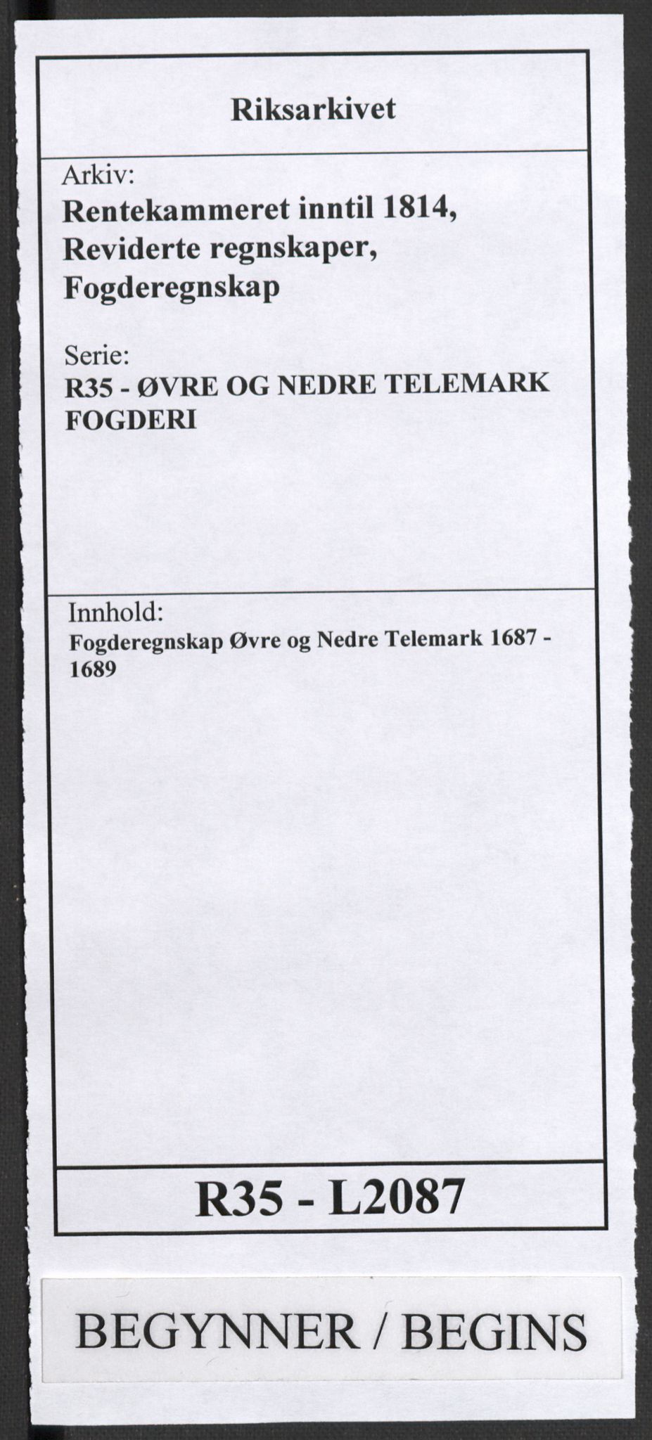 Rentekammeret inntil 1814, Reviderte regnskaper, Fogderegnskap, AV/RA-EA-4092/R35/L2087: Fogderegnskap Øvre og Nedre Telemark, 1687-1689, p. 1