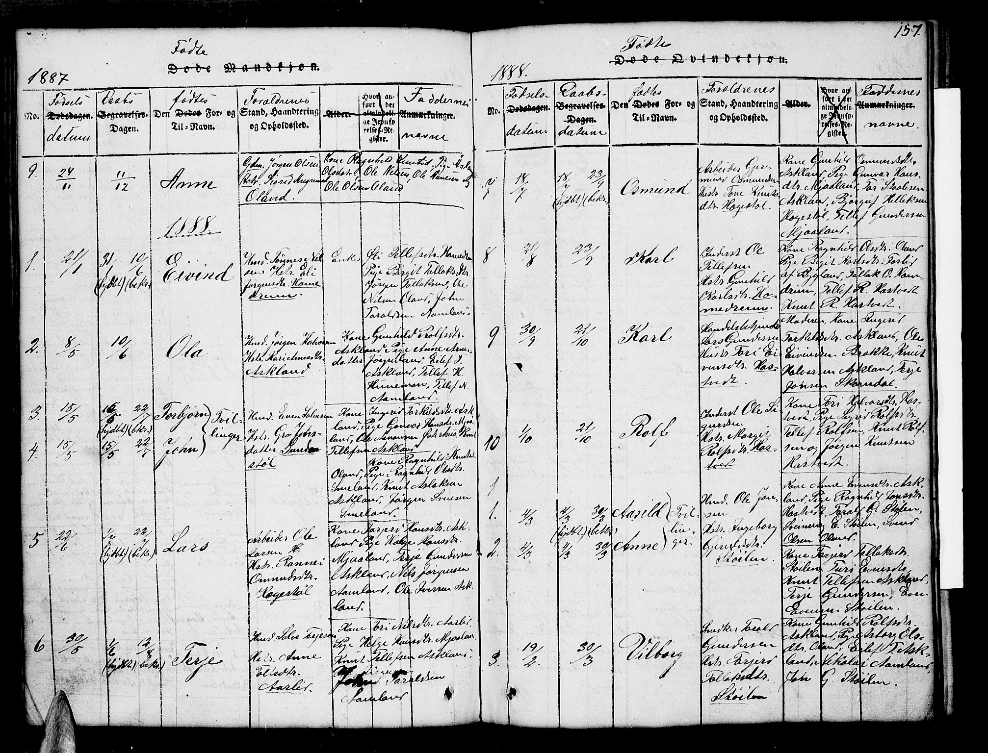 Åmli sokneprestkontor, SAK/1111-0050/F/Fb/Fba/L0001: Parish register (copy) no. B 1, 1816-1890, p. 157