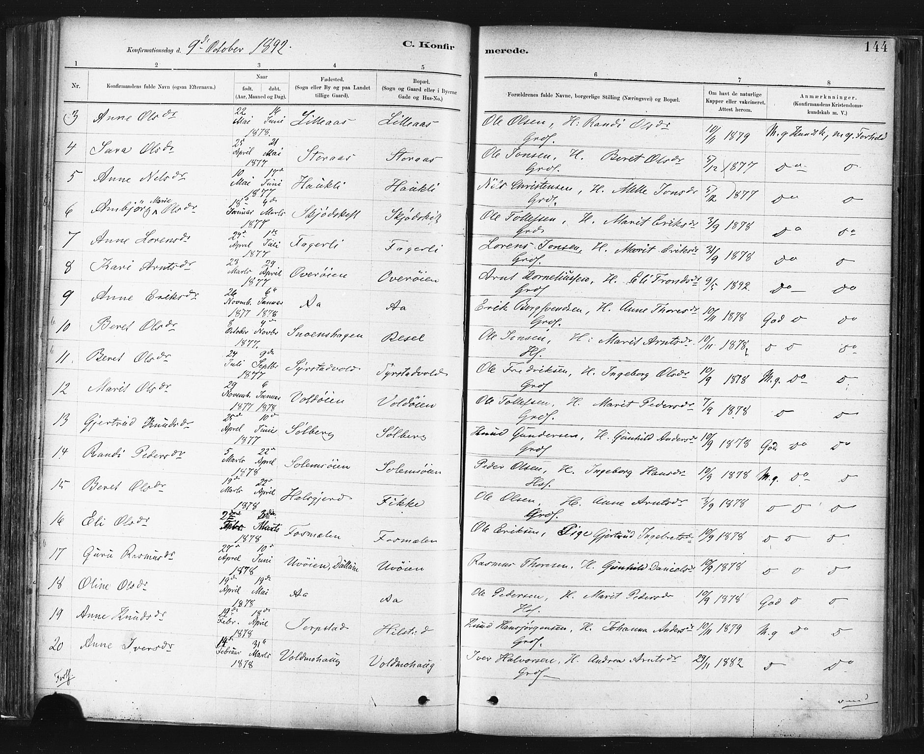 Ministerialprotokoller, klokkerbøker og fødselsregistre - Sør-Trøndelag, AV/SAT-A-1456/672/L0857: Parish register (official) no. 672A09, 1882-1893, p. 144