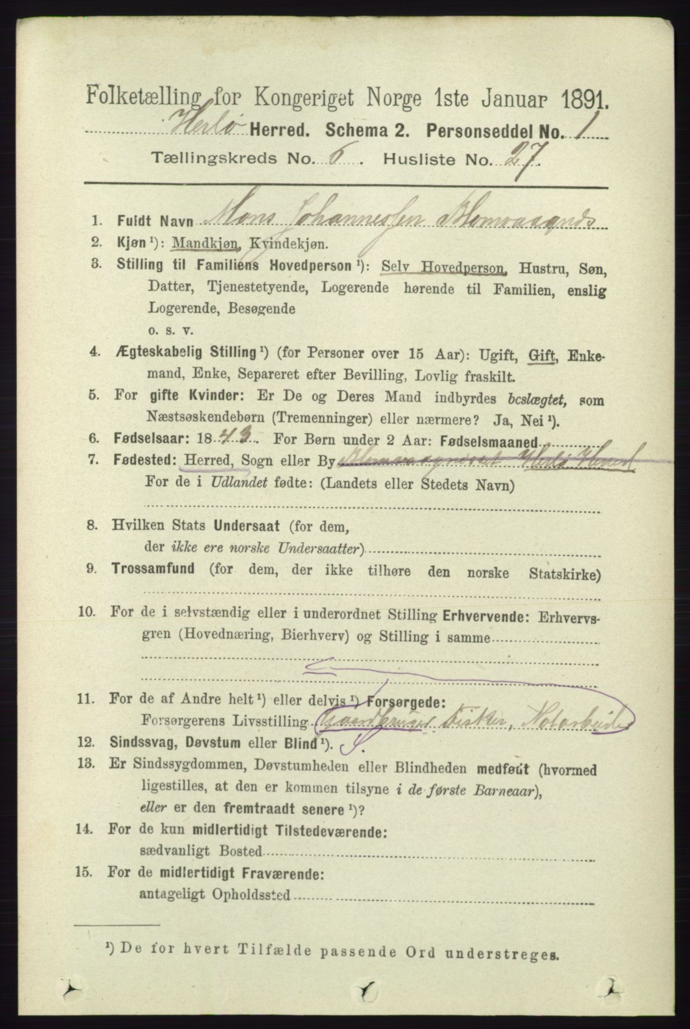 RA, 1891 census for 1258 Herdla, 1891, p. 2809