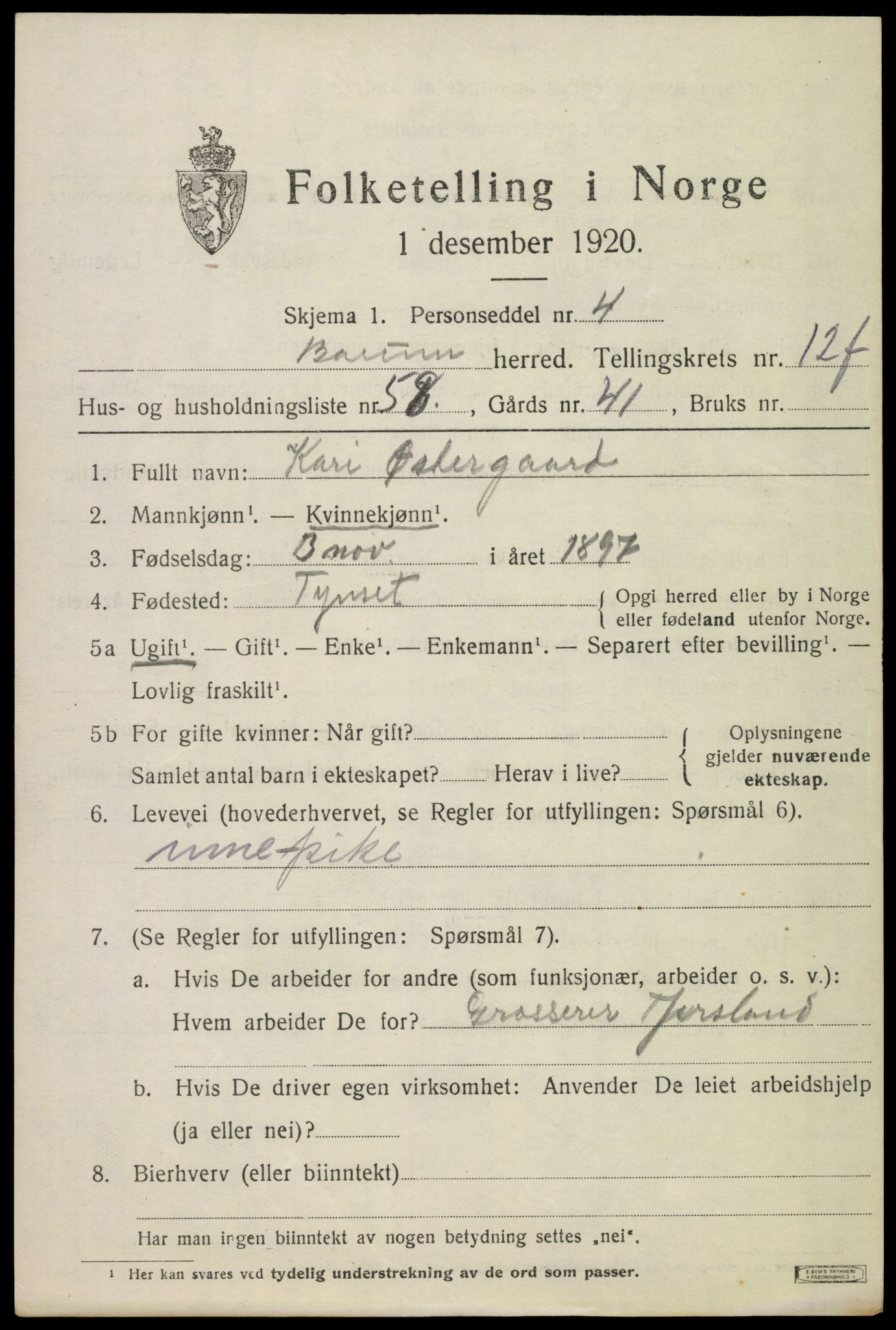 SAO, 1920 census for Bærum, 1920, p. 33666