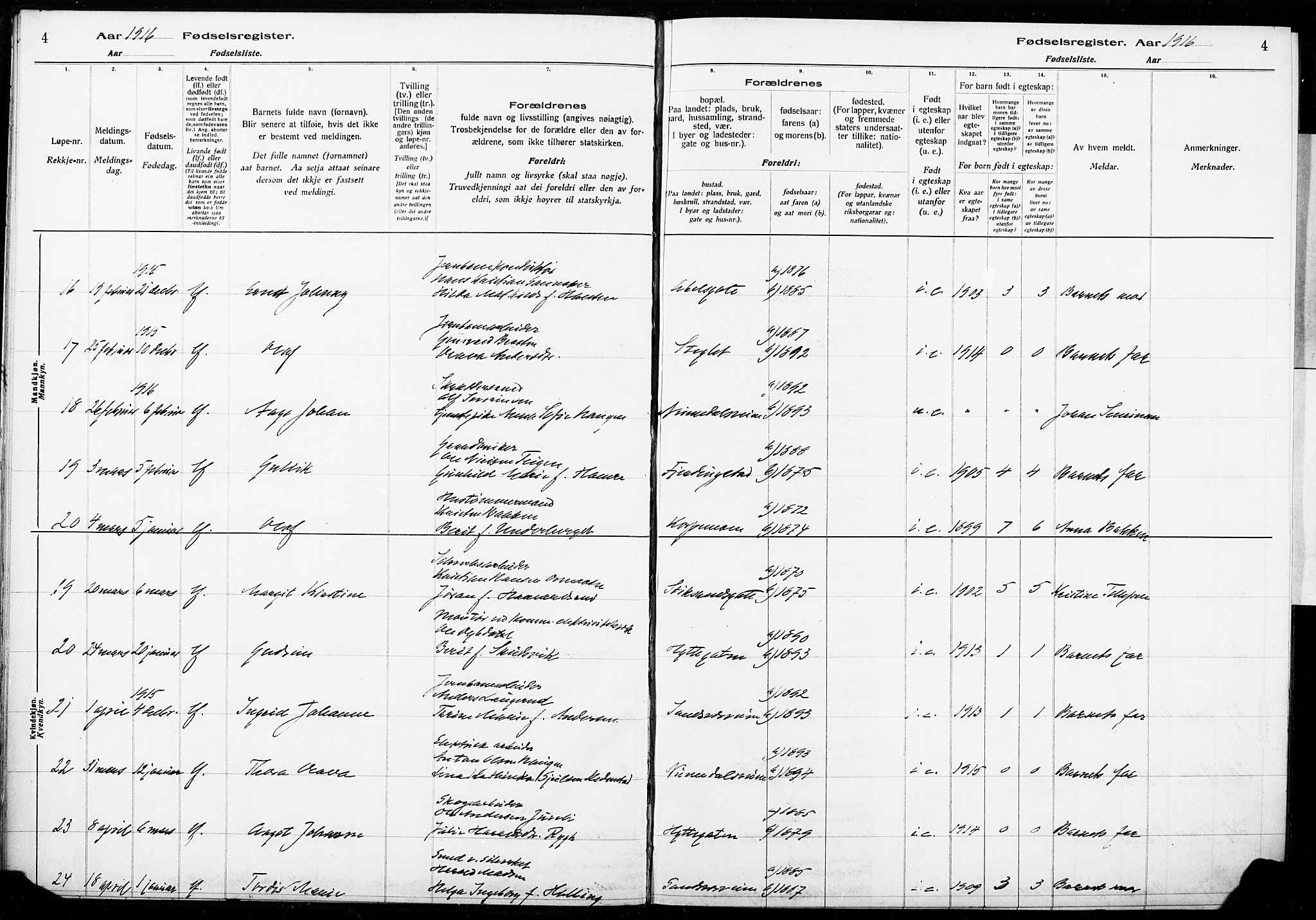 Kongsberg kirkebøker, AV/SAKO-A-22/J/Ja/L0001: Birth register no. I 1, 1916-1927, p. 4