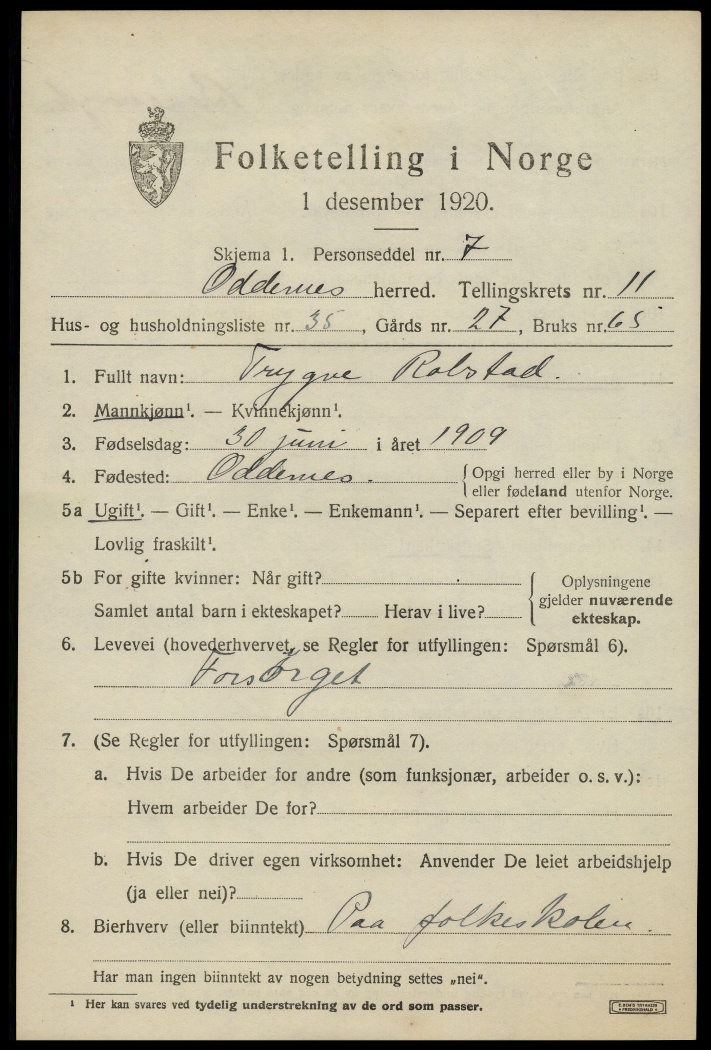 SAK, 1920 census for Oddernes, 1920, p. 7441