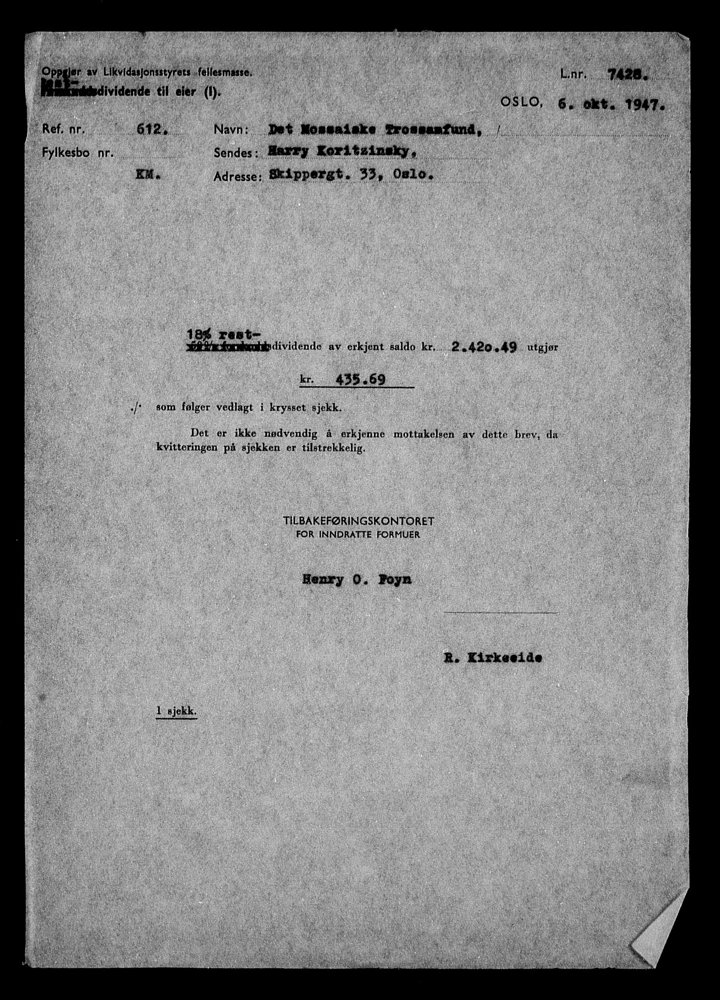 Justisdepartementet, Tilbakeføringskontoret for inndratte formuer, AV/RA-S-1564/H/Hc/Hcc/L0966: --, 1945-1947, p. 137