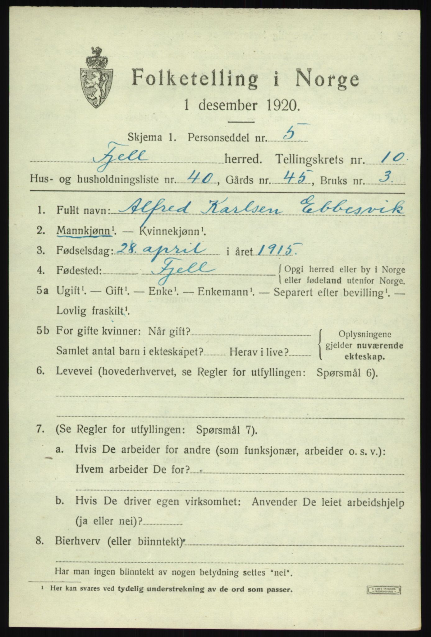 SAB, 1920 census for Fjell, 1920, p. 9638