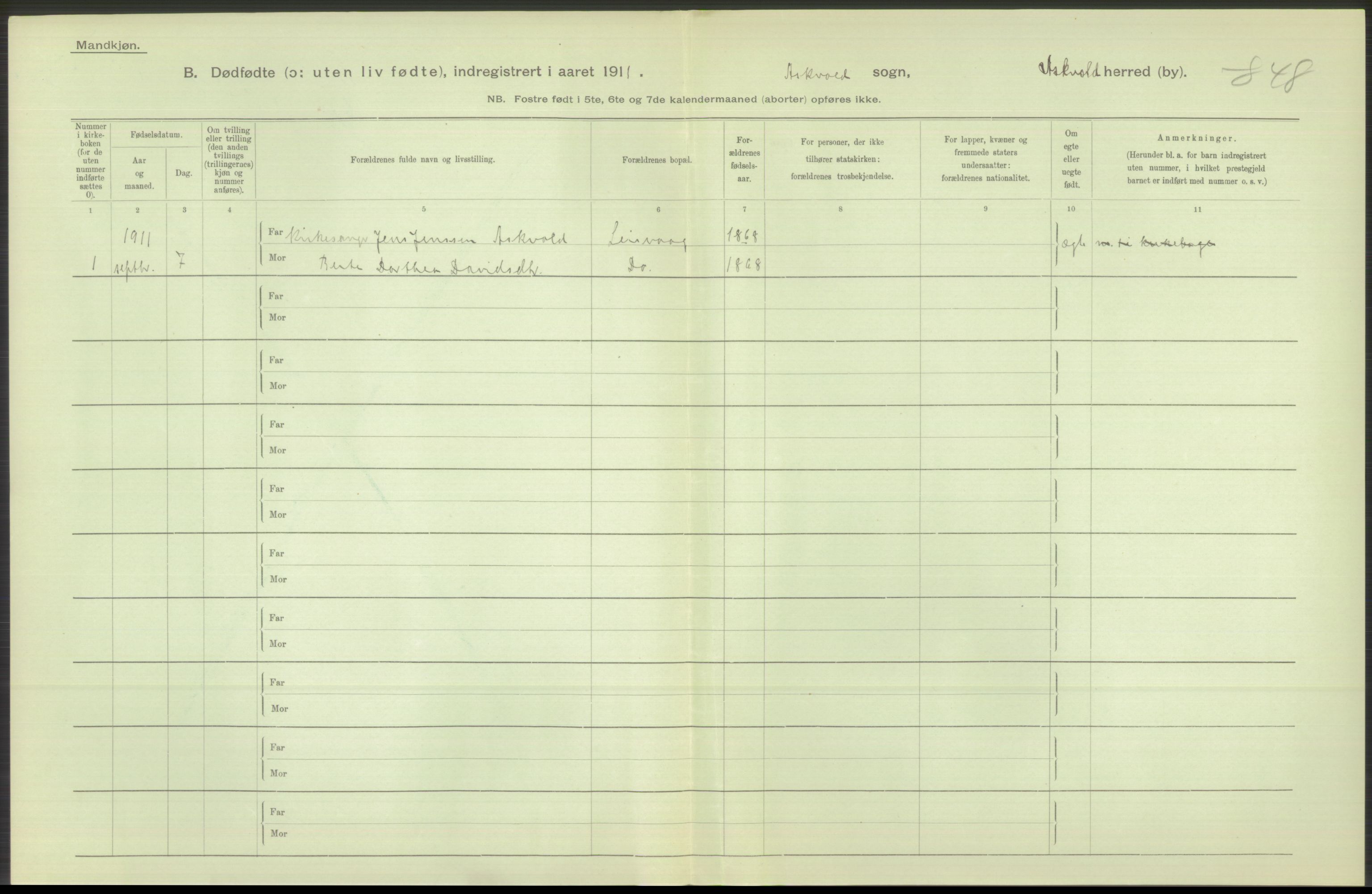 Statistisk sentralbyrå, Sosiodemografiske emner, Befolkning, AV/RA-S-2228/D/Df/Dfb/Dfba/L0034: N. Bergenhus amt:  Døde, dødfødte. Bygder., 1911, p. 4