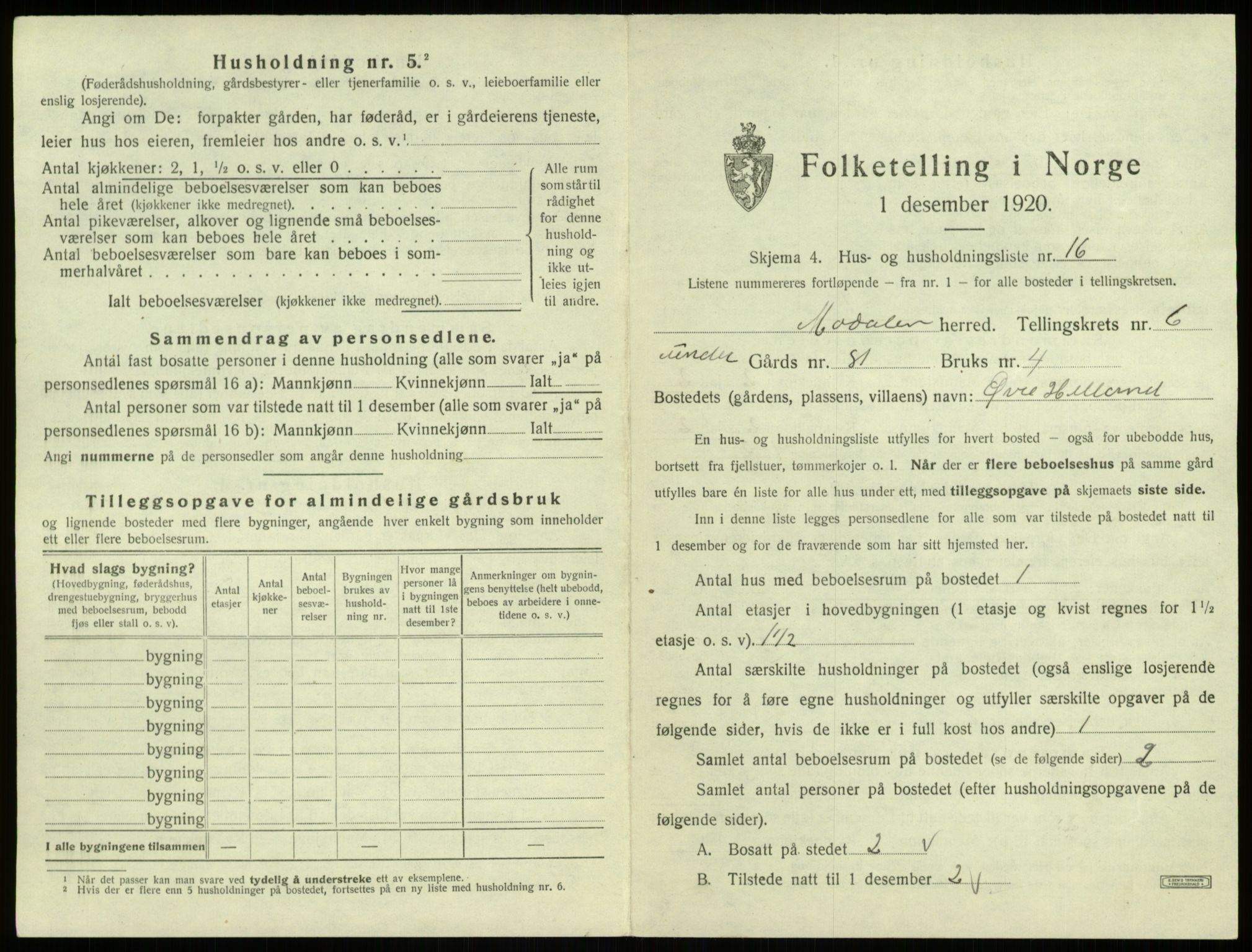 SAB, 1920 census for Modalen, 1920, p. 198