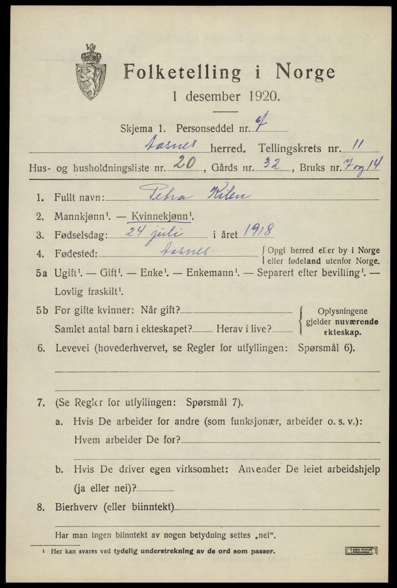 SAH, 1920 census for Åsnes, 1920, p. 11734