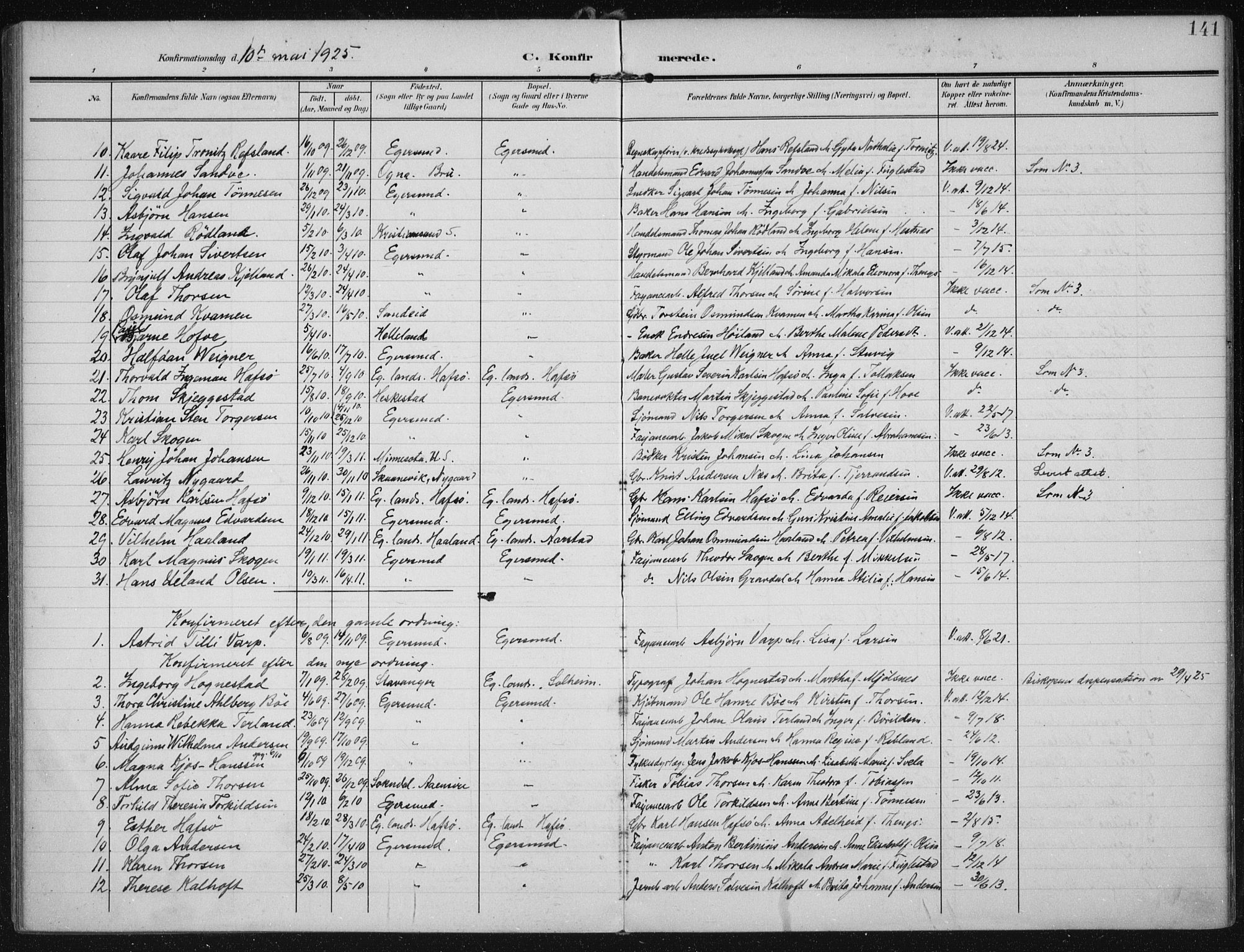 Eigersund sokneprestkontor, AV/SAST-A-101807/S08/L0022: Parish register (official) no. A 21, 1905-1928, p. 141