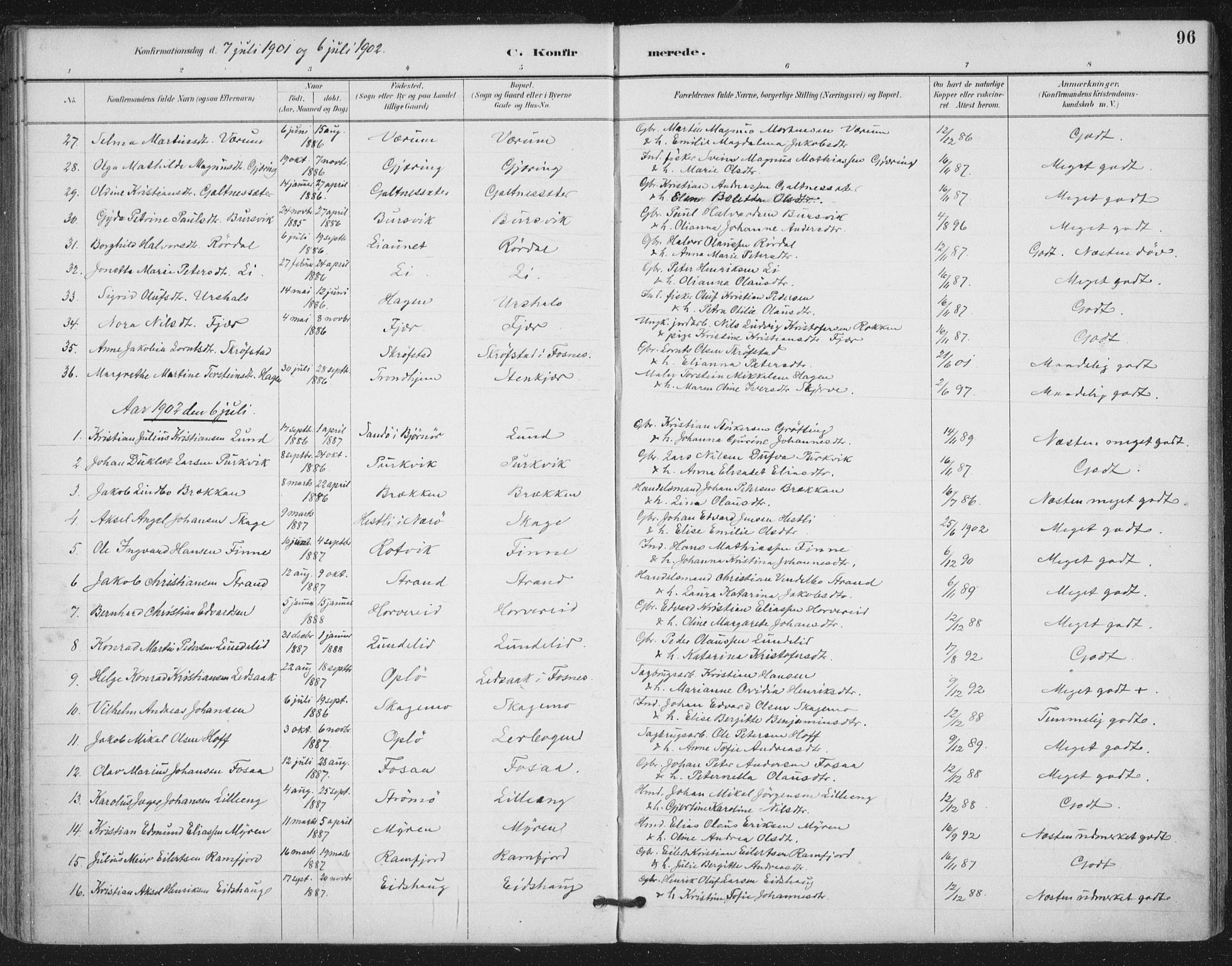 Ministerialprotokoller, klokkerbøker og fødselsregistre - Nord-Trøndelag, SAT/A-1458/780/L0644: Parish register (official) no. 780A08, 1886-1903, p. 96