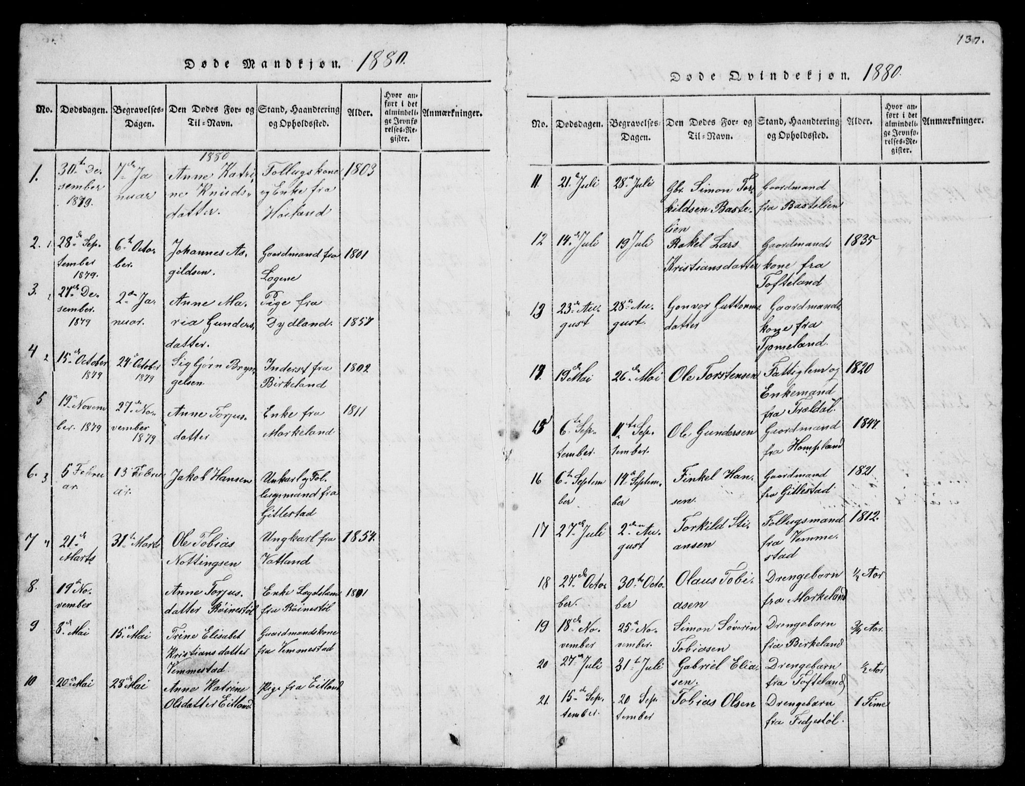 Lyngdal sokneprestkontor, AV/SAK-1111-0029/F/Fb/Fbb/L0001: Parish register (copy) no. B 1, 1816-1900, p. 137