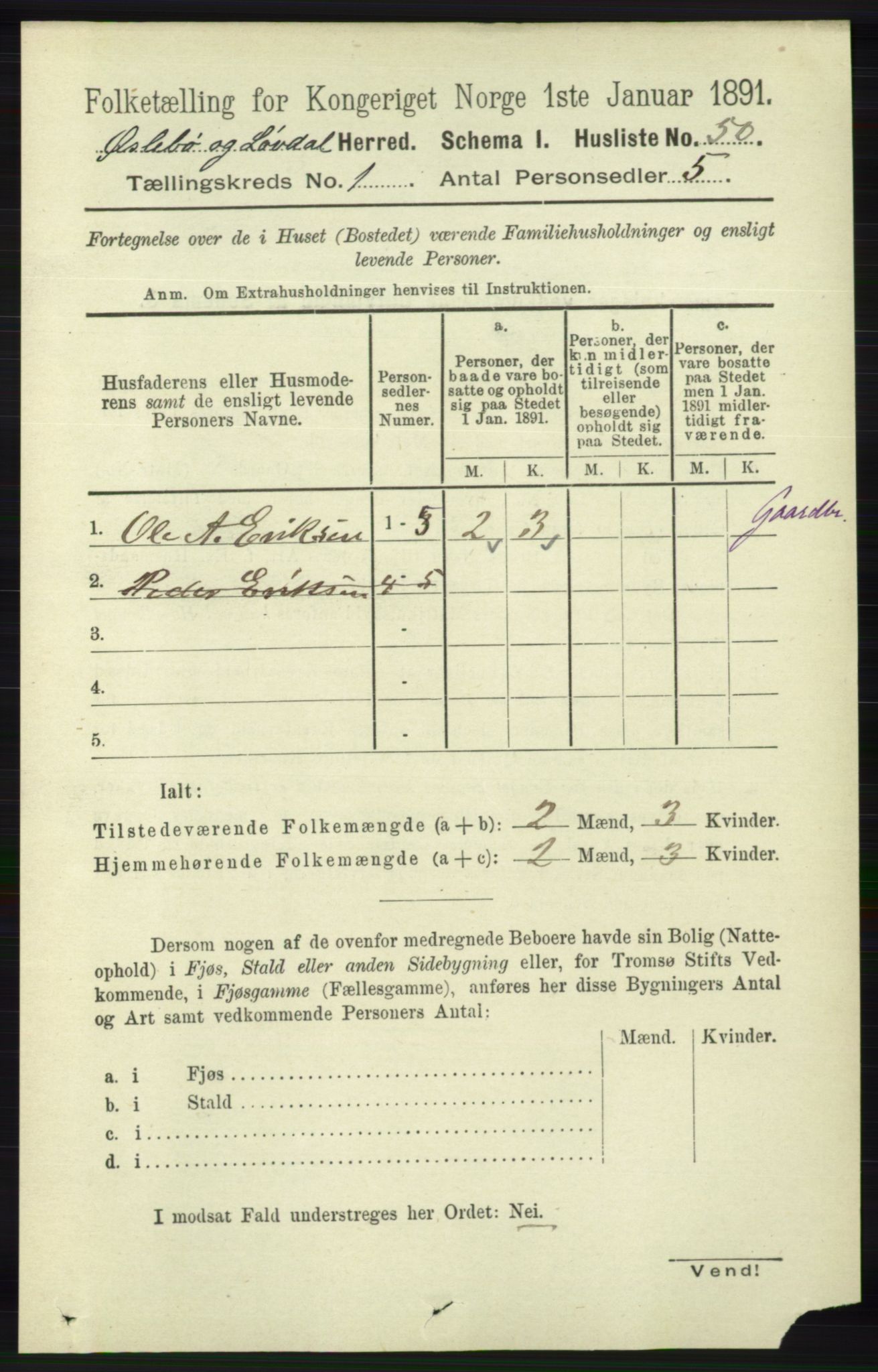 RA, 1891 census for 1021 Øyslebø og Laudal, 1891, p. 72