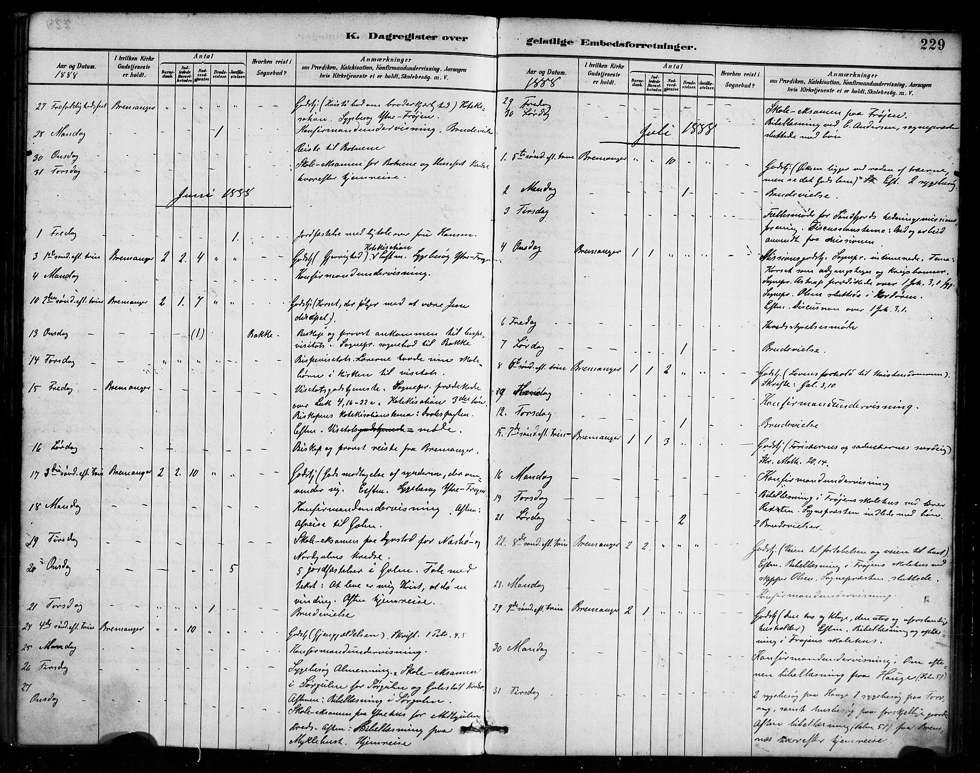 Bremanger sokneprestembete, AV/SAB-A-82201/H/Haa/Haab/L0001: Parish register (official) no. B 1, 1884-1895, p. 229