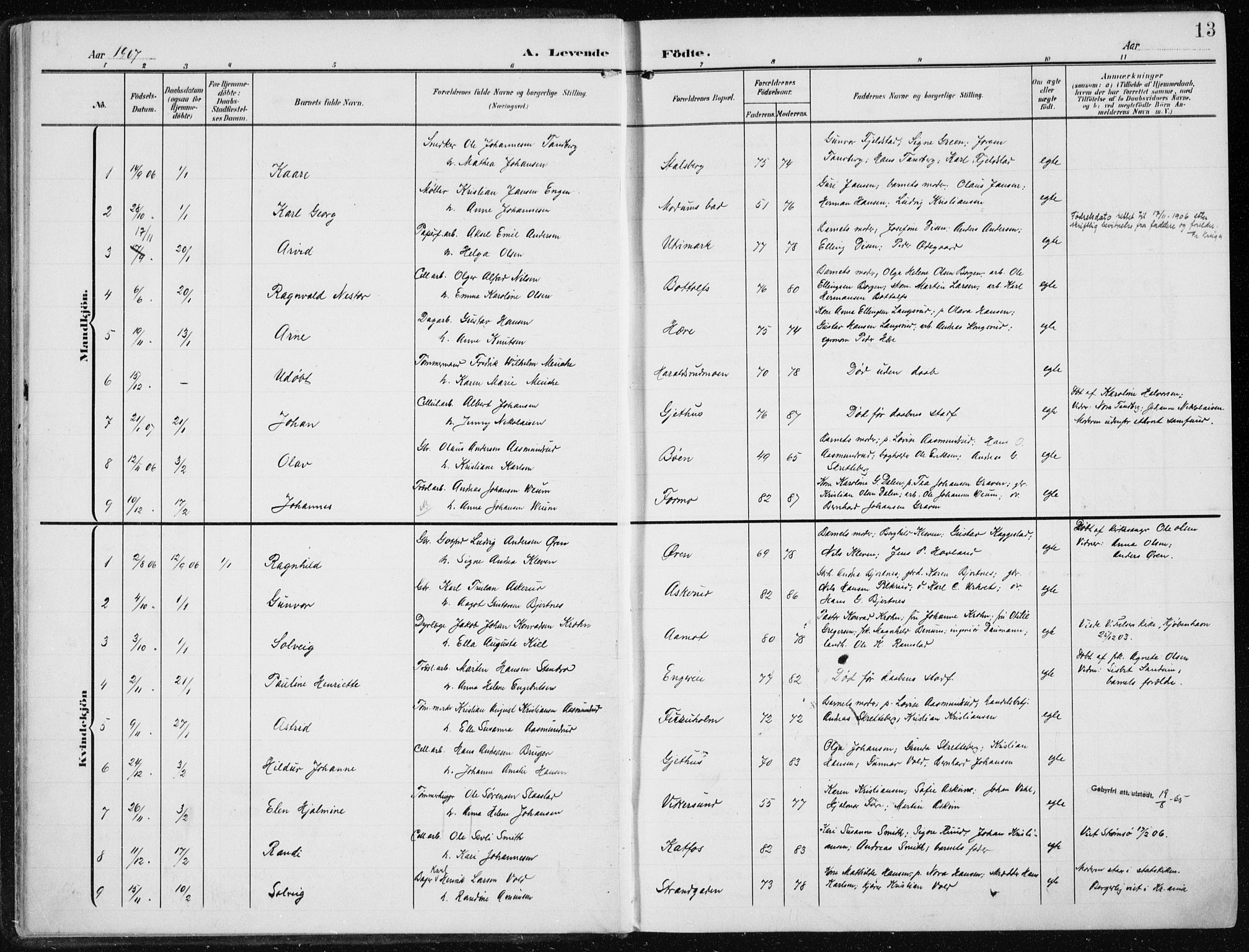 Modum kirkebøker, SAKO/A-234/F/Fa/L0014a: Parish register (official) no. 14A, 1906-1918, p. 13
