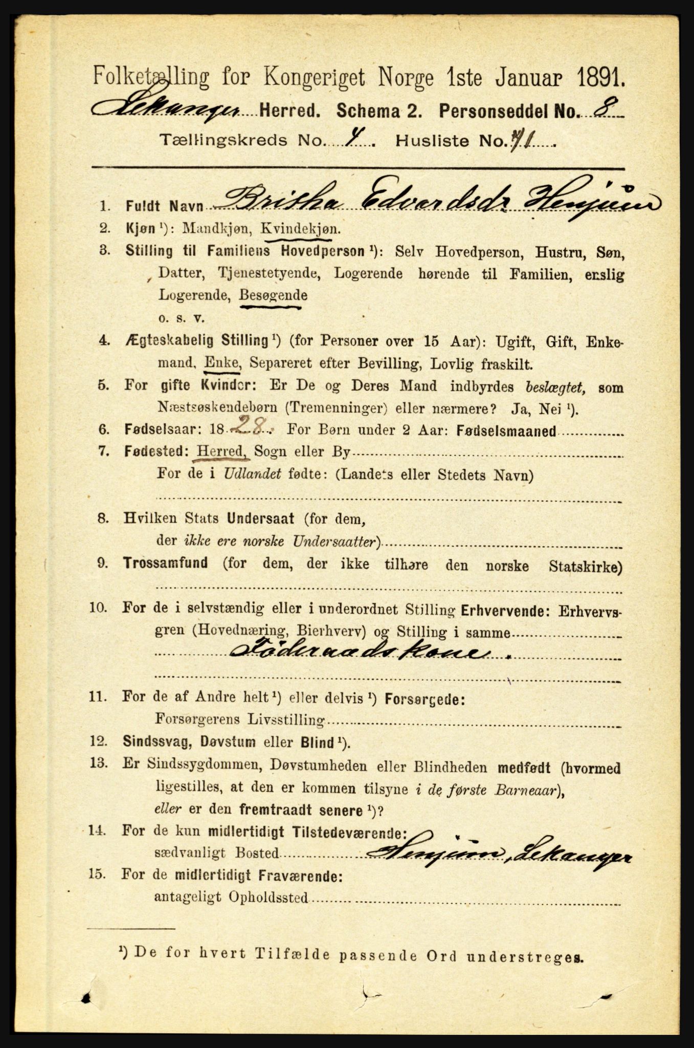 RA, 1891 census for 1419 Leikanger, 1891, p. 823